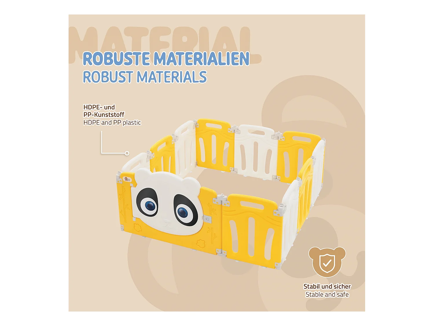 Joyz Parque infantil 120×120cm para bebés corralito infantil de plástico blanco amarillo diseño panda plegable actividades de interior/exterior