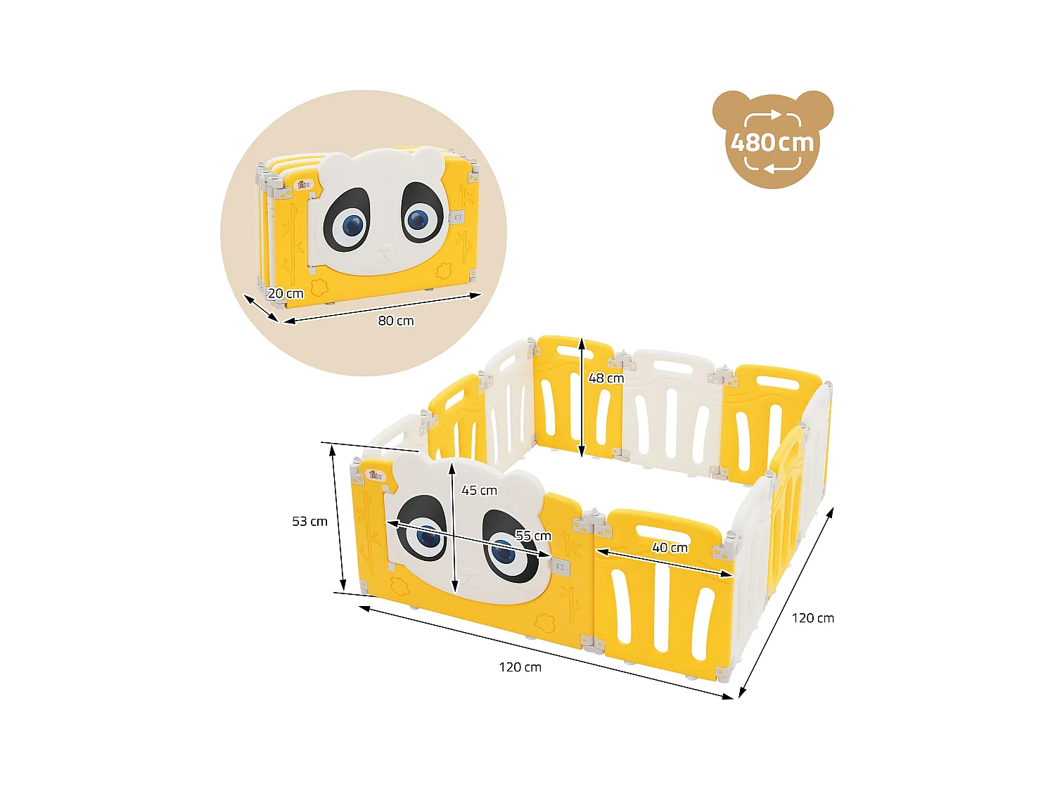 Joyz Parque infantil 120×120cm para bebés corralito infantil de plástico blanco amarillo diseño panda plegable actividades de interior/exterior