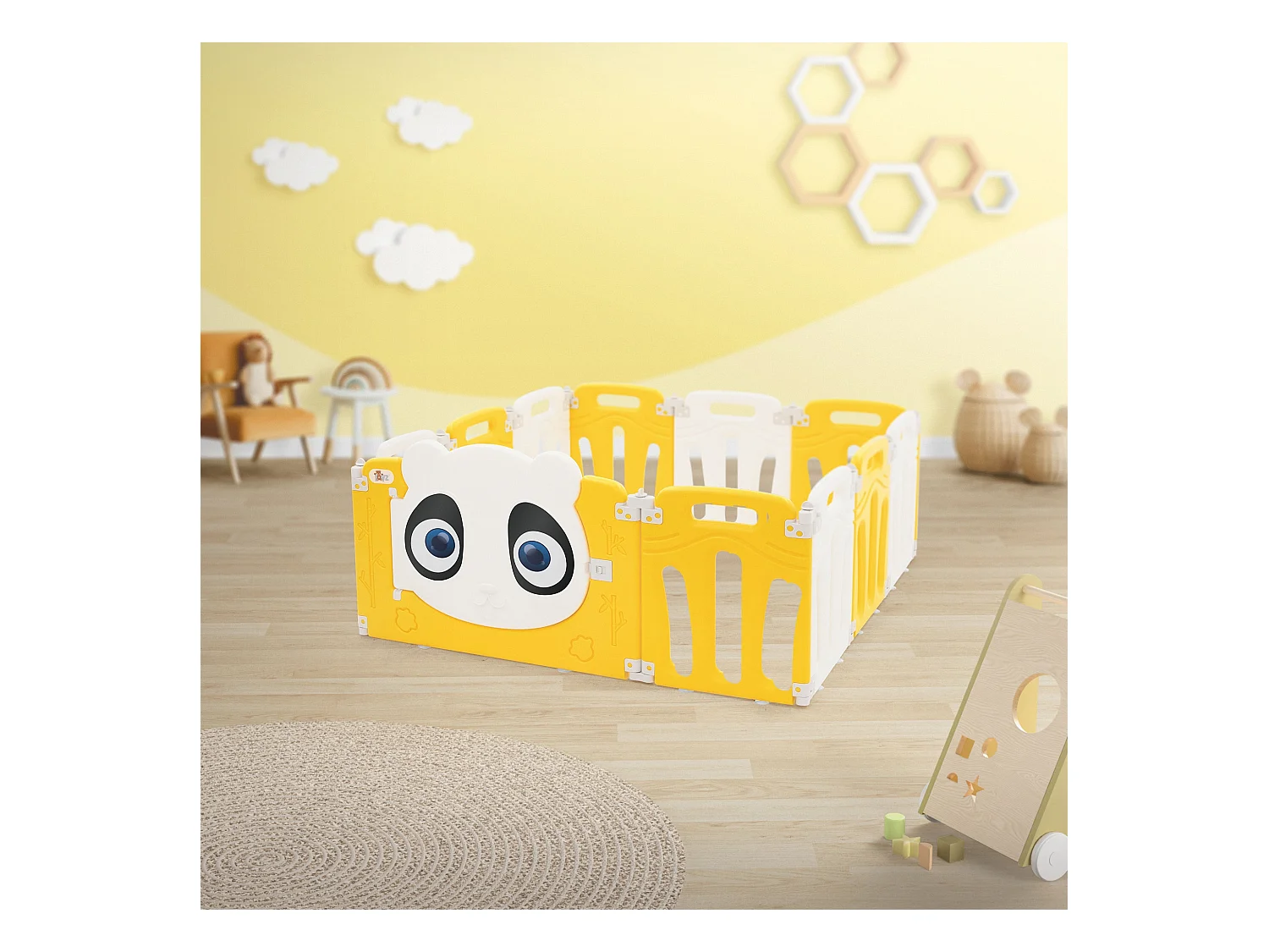 Joyz Parque infantil 120×120cm para bebés corralito infantil de plástico blanco amarillo diseño panda plegable actividades de interior/exterior