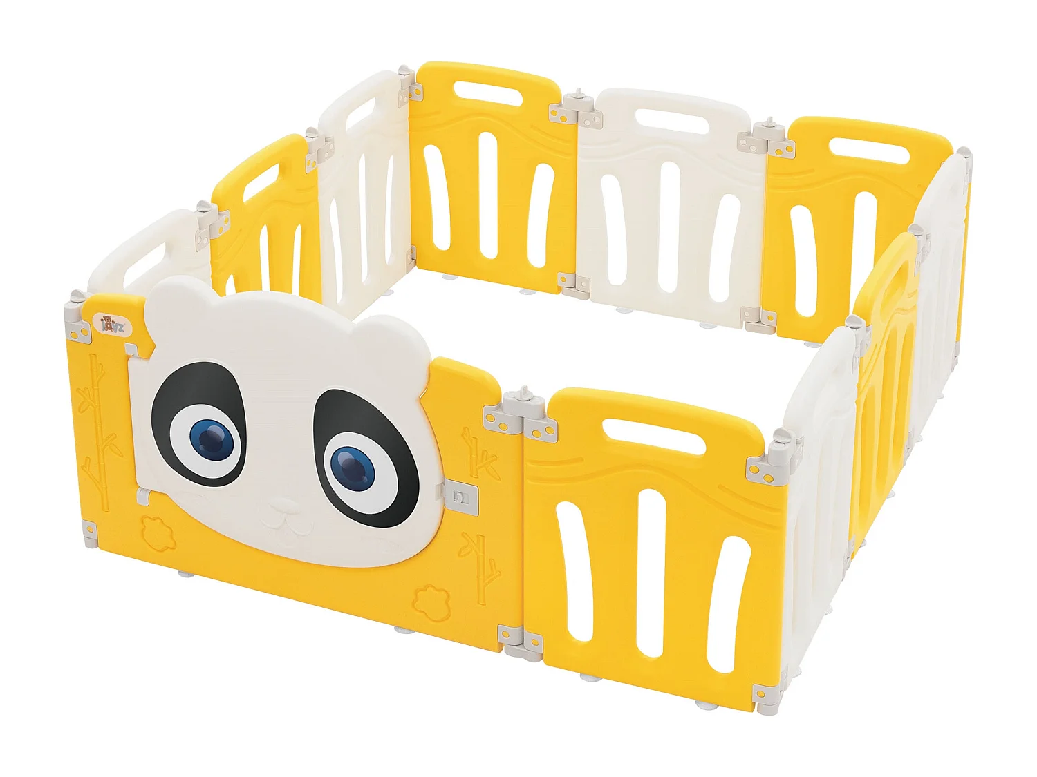 Parc bébé 480 cm 120x120 cm blanc-jeune avec 11 panneaux en plastique HDPE design Panda coins arrondis et surfaces lisses barrière extérieure sécurité