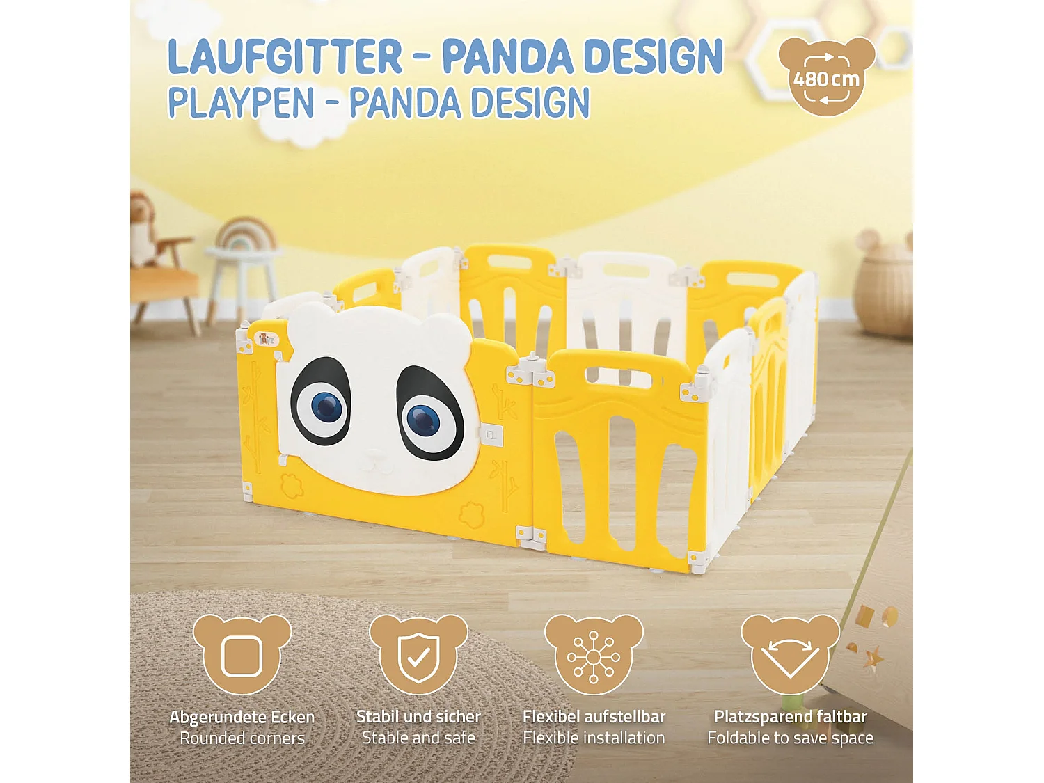 Parc bébé 480 cm 120x120 cm blanc-jeune avec 11 panneaux en plastique HDPE design Panda coins arrondis et surfaces lisses barrière extérieure sécurité