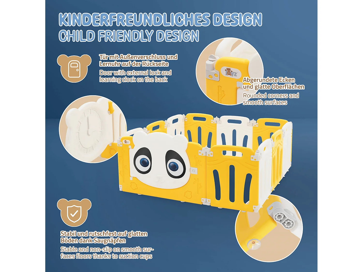 Parc bébé 480 cm 120x120 cm blanc-jeune avec 11 panneaux en plastique HDPE design Panda coins arrondis et surfaces lisses barrière extérieure sécurité