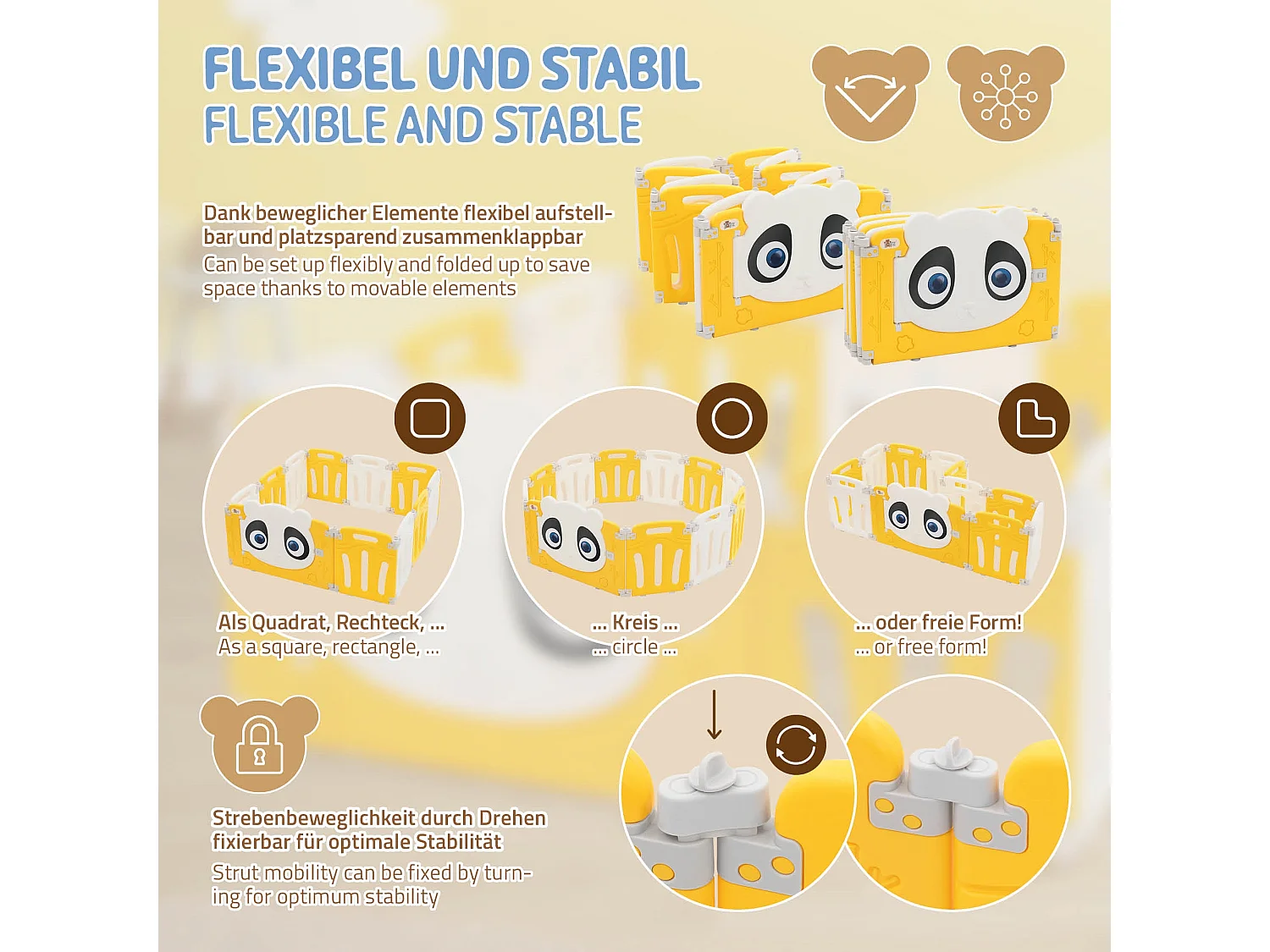 Parc bébé 480 cm 120x120 cm blanc-jeune avec 11 panneaux en plastique HDPE design Panda coins arrondis et surfaces lisses barrière extérieure sécurité