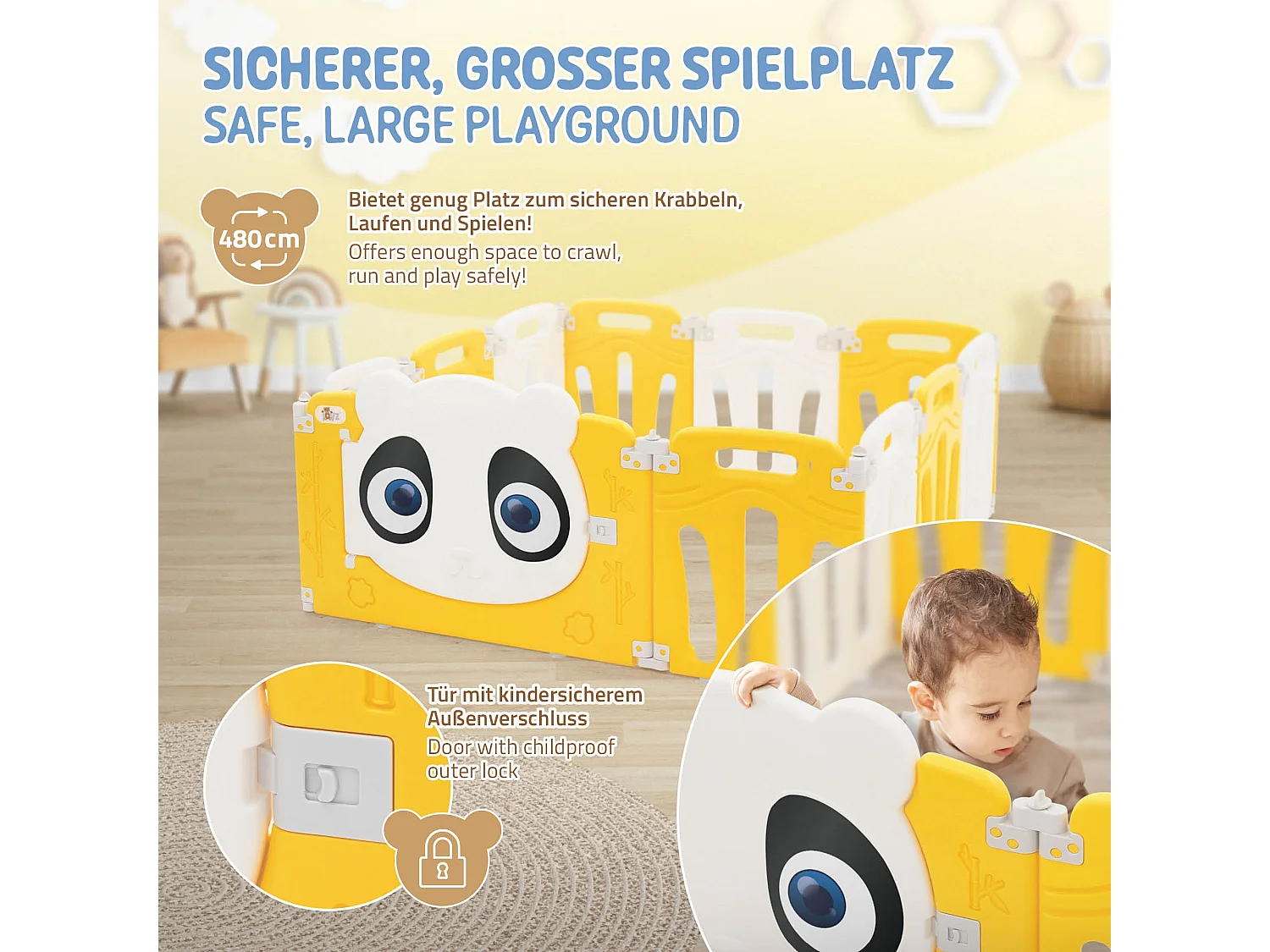 Parc bébé 480 cm 120x120 cm blanc-jeune avec 11 panneaux en plastique HDPE design Panda coins arrondis et surfaces lisses barrière extérieure sécurité