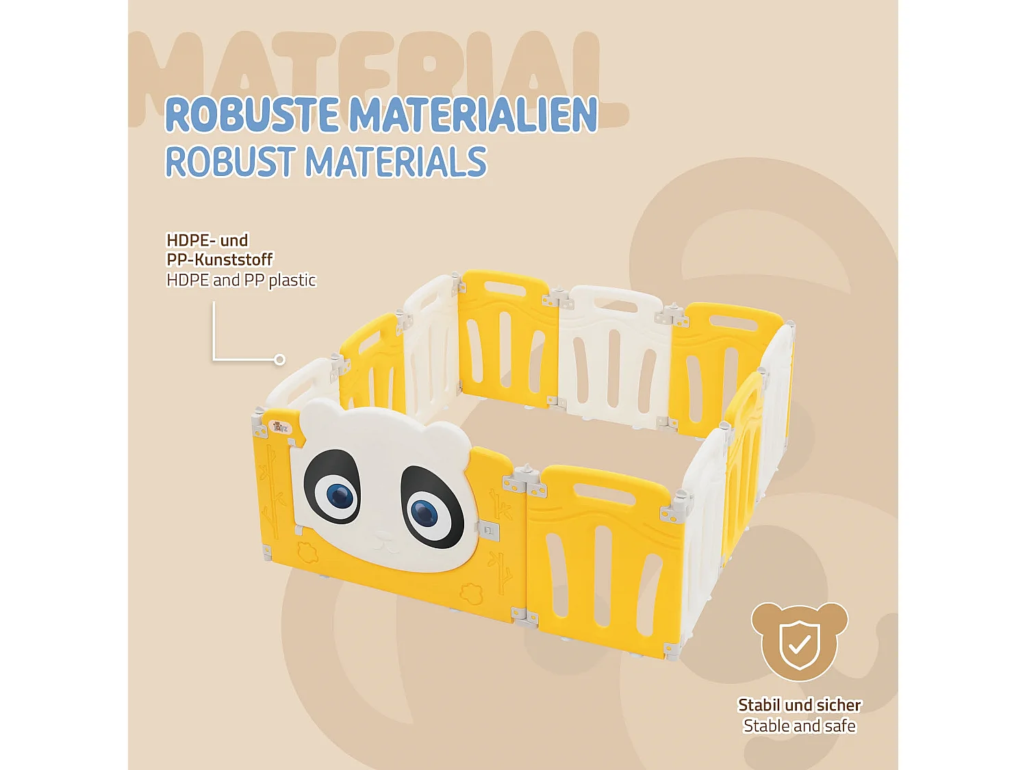 Parc bébé 480 cm 120x120 cm blanc-jeune avec 11 panneaux en plastique HDPE design Panda coins arrondis et surfaces lisses barrière extérieure sécurité