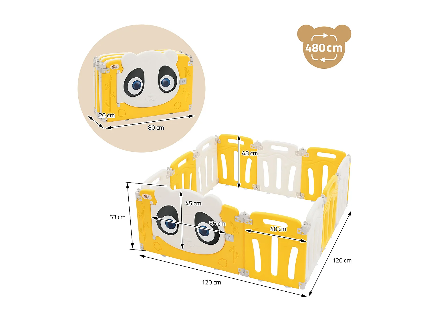 Parc bébé 480 cm 120x120 cm blanc-jeune avec 11 panneaux en plastique HDPE design Panda coins arrondis et surfaces lisses barrière extérieure sécurité