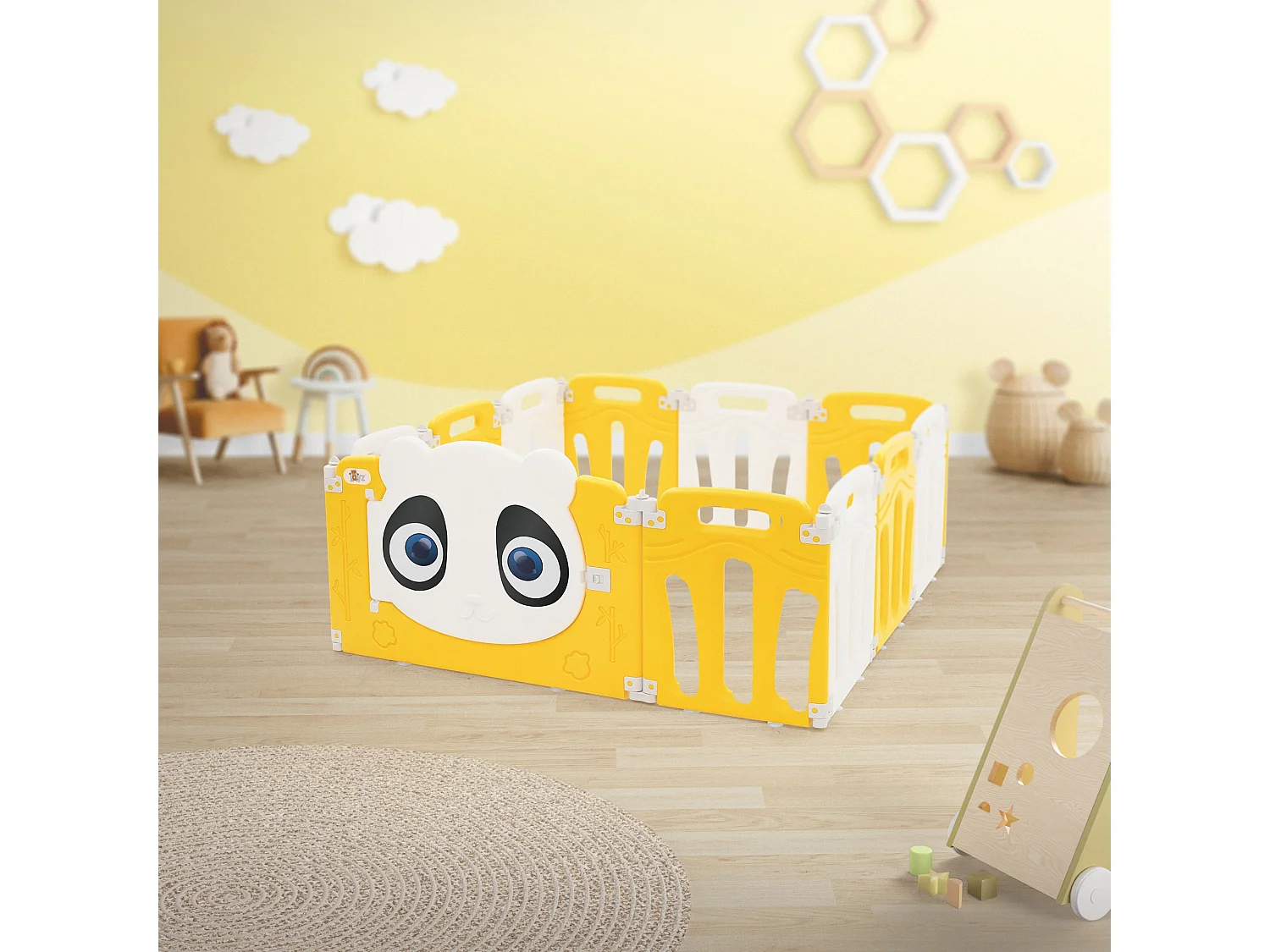 Parc bébé 480 cm 120x120 cm blanc-jeune avec 11 panneaux en plastique HDPE design Panda coins arrondis et surfaces lisses barrière extérieure sécurité