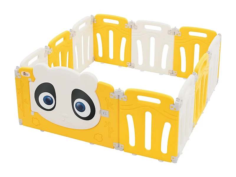 Parc bébé 480 cm 120x120 cm blanc-jeune avec 11 panneaux en plastique HDPE design Panda coins arrondis et surfaces lisses barrière extérieure sécurité