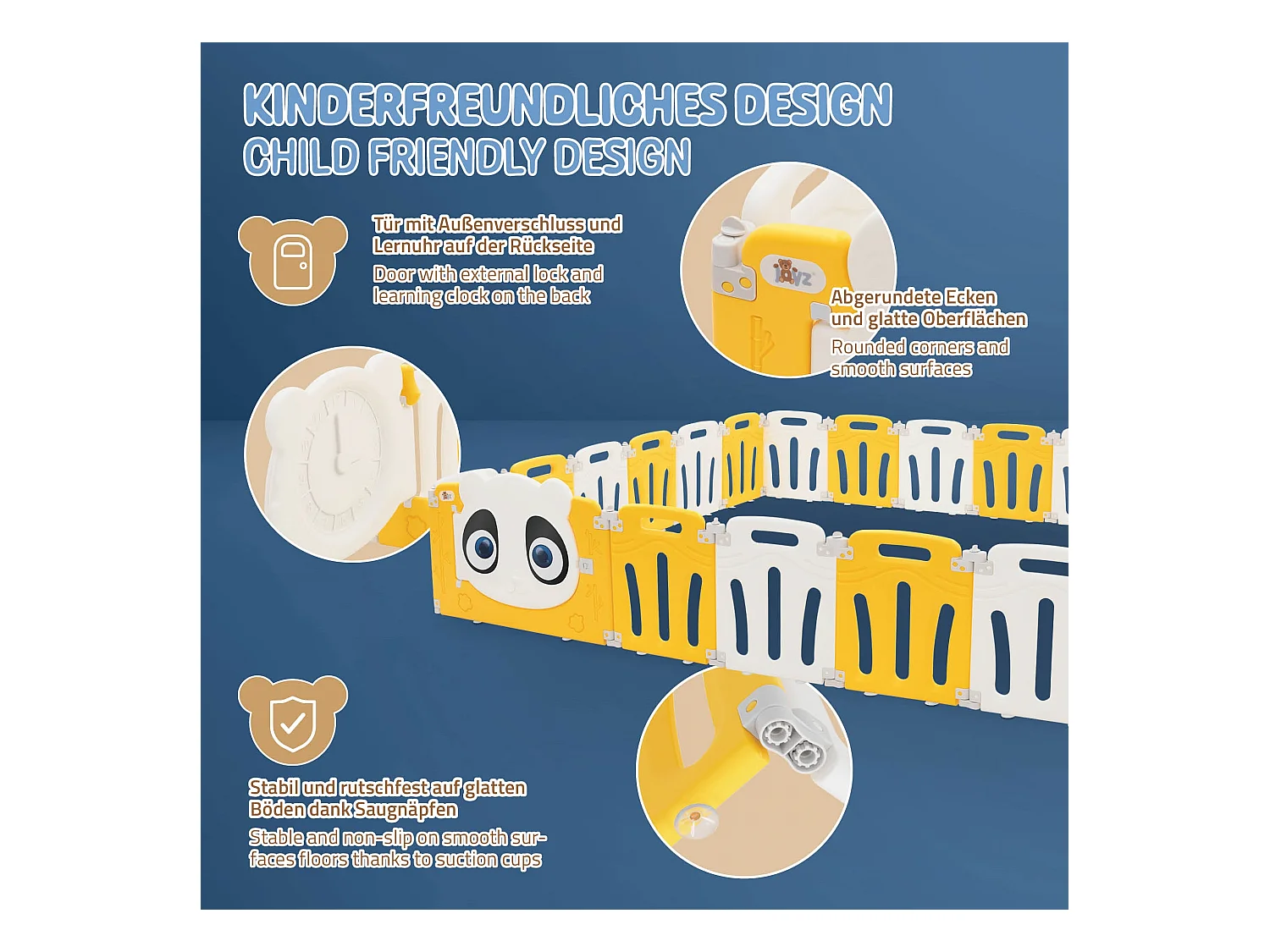 Joyz Box pieghevole per bambini 240x240 cm con design panda bianco giallo porta orologio didattico recinto in plastica per interni ed esterni neonati