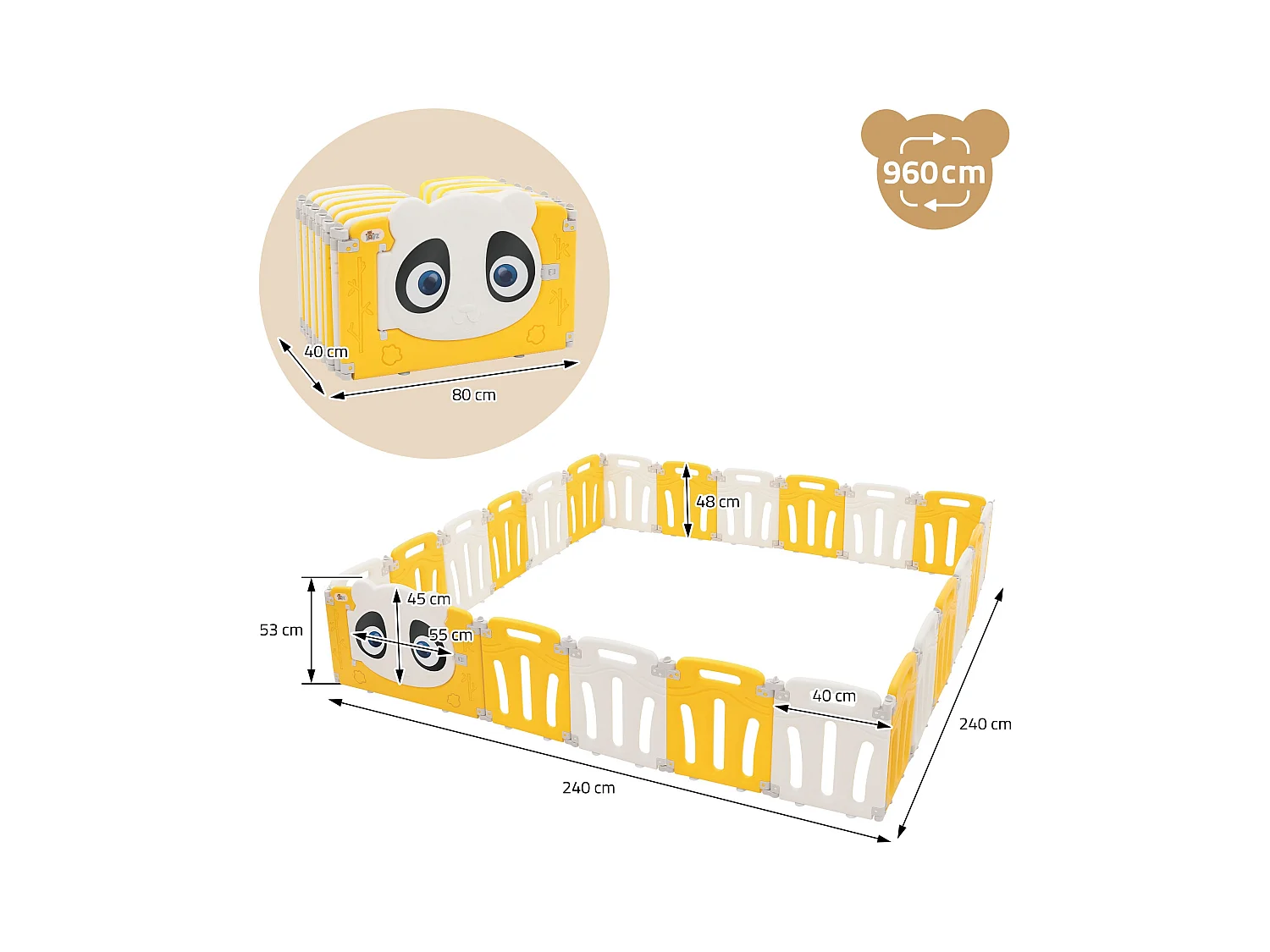 Joyz Box pieghevole per bambini 240x240 cm con design panda bianco giallo porta orologio didattico recinto in plastica per interni ed esterni neonati