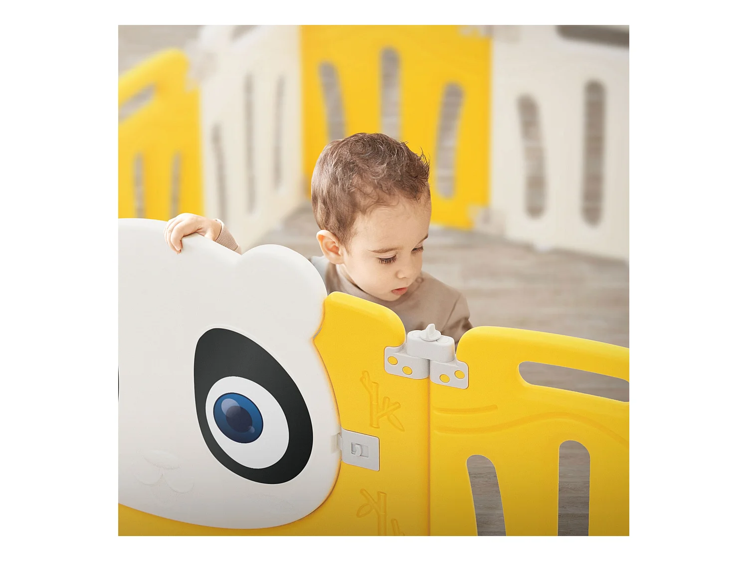 Joyz Box pieghevole per bambini 240x240 cm con design panda bianco giallo porta orologio didattico recinto in plastica per interni ed esterni neonati
