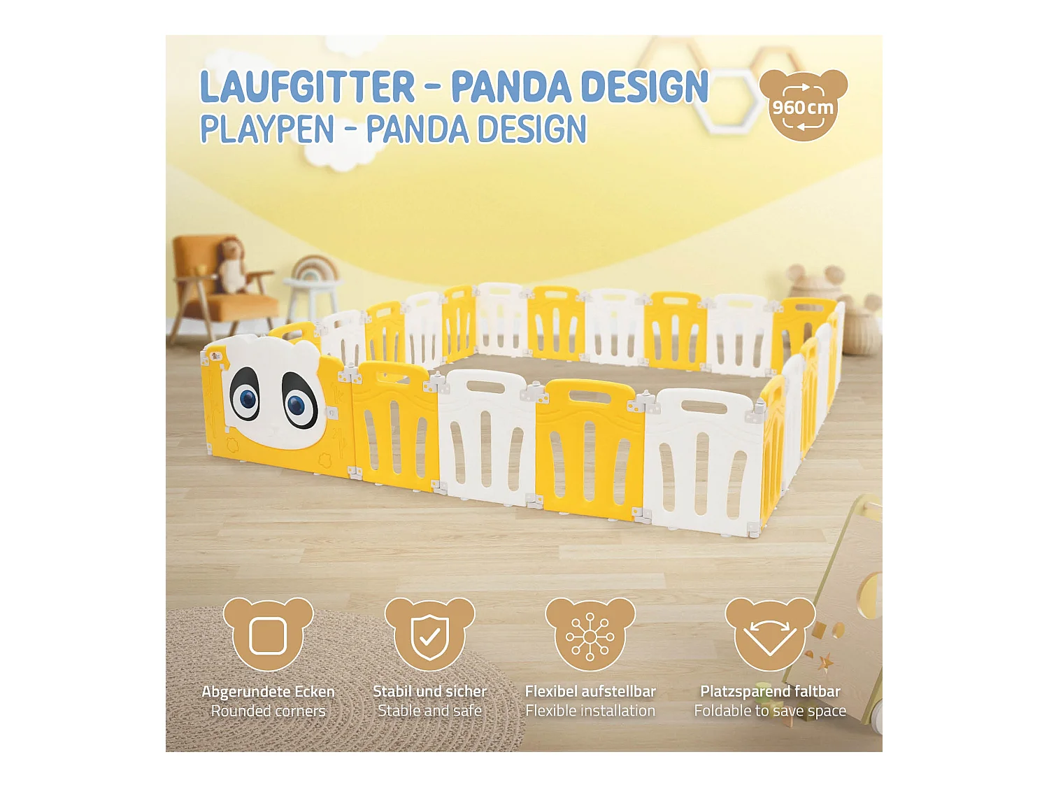 Joyz Parque infantil 240×240cm para bebés corralito infantil de plástico blanco amarillo diseño panda plegable actividades de interior/exterior