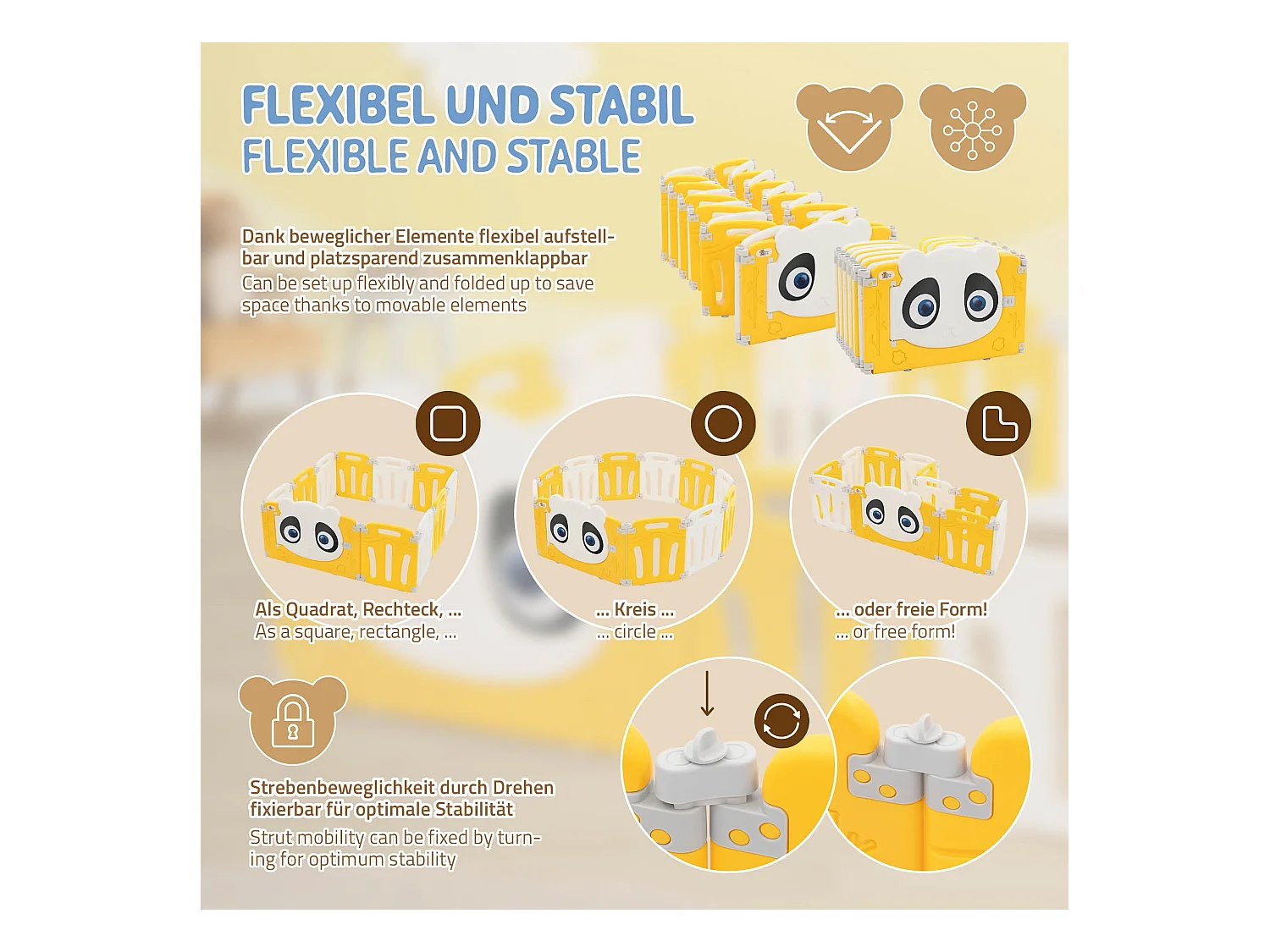 Joyz Parque infantil 240×240cm para bebés corralito infantil de plástico blanco amarillo diseño panda plegable actividades de interior/exterior