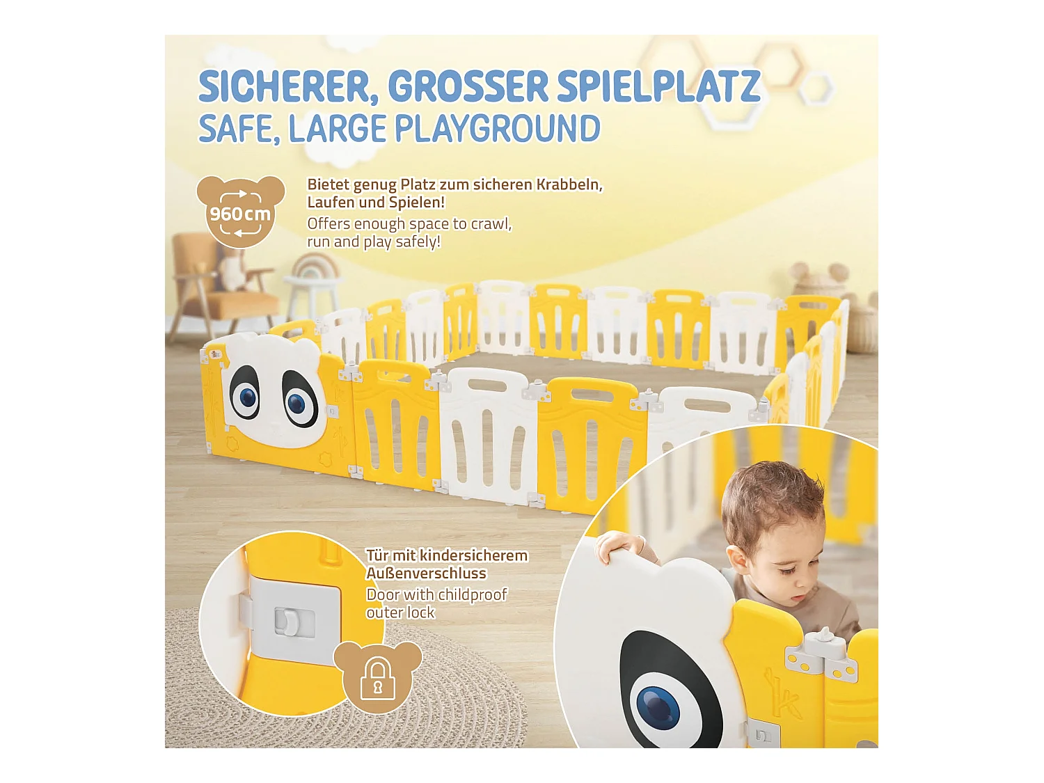 Joyz Parque infantil 240×240cm para bebés corralito infantil de plástico blanco amarillo diseño panda plegable actividades de interior/exterior