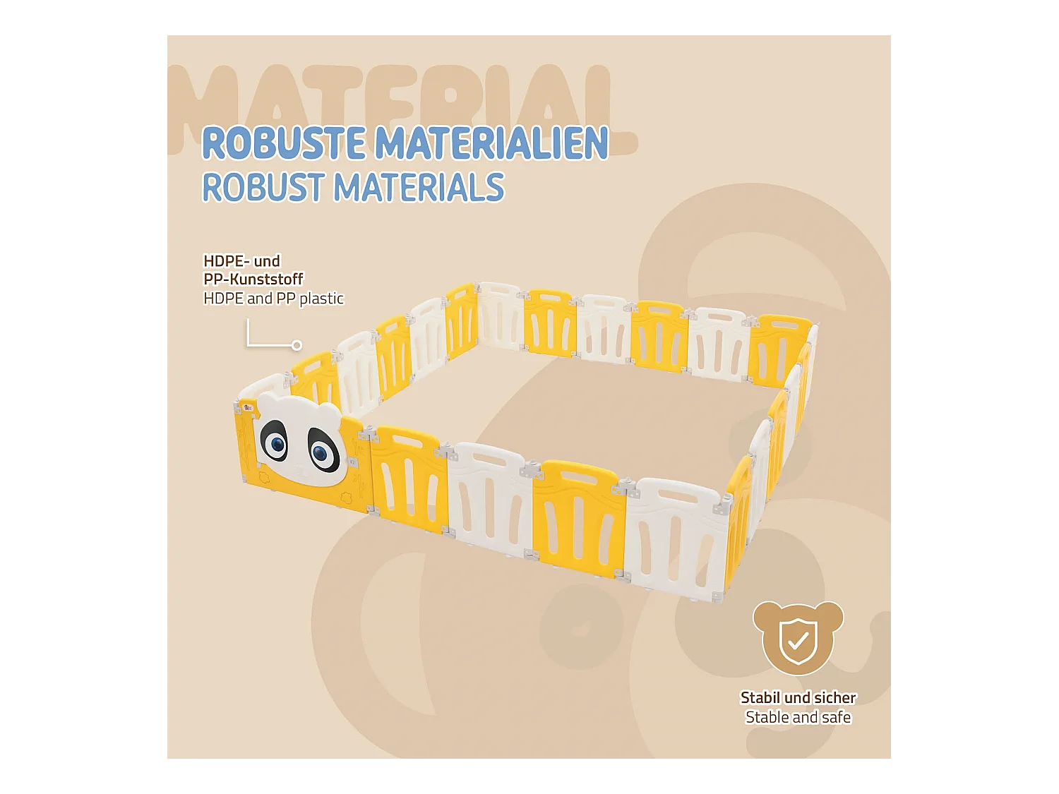 Joyz Parque infantil 240×240cm para bebés corralito infantil de plástico blanco amarillo diseño panda plegable actividades de interior/exterior