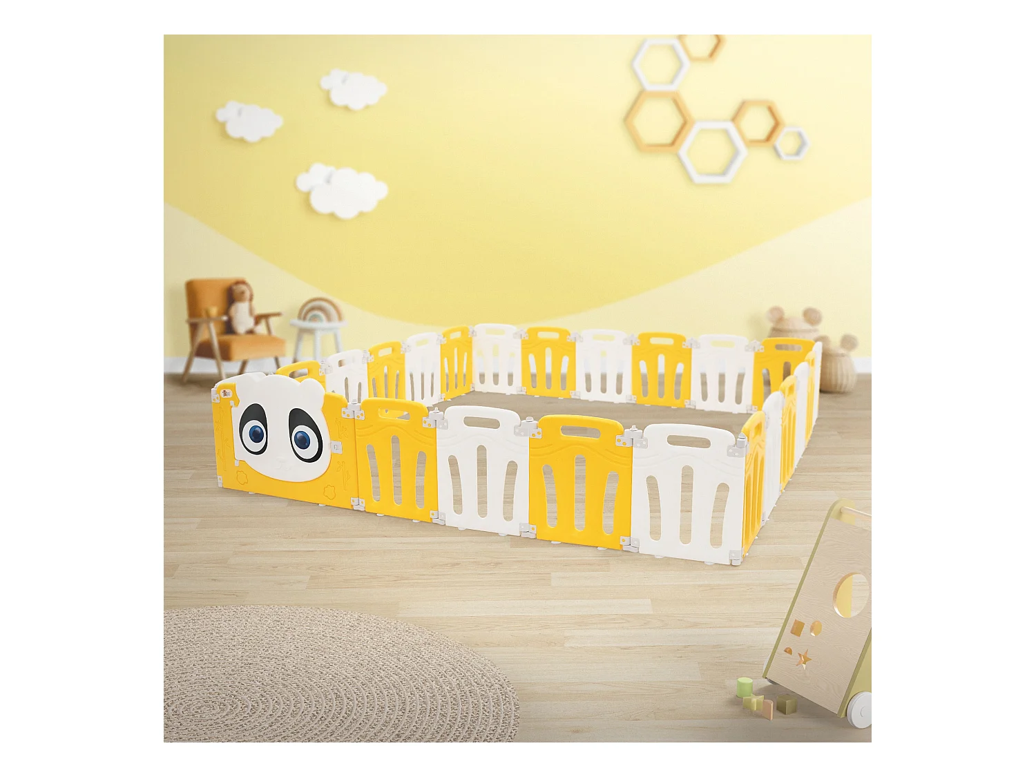Joyz Parque infantil 240×240cm para bebés corralito infantil de plástico blanco amarillo diseño panda plegable actividades de interior/exterior