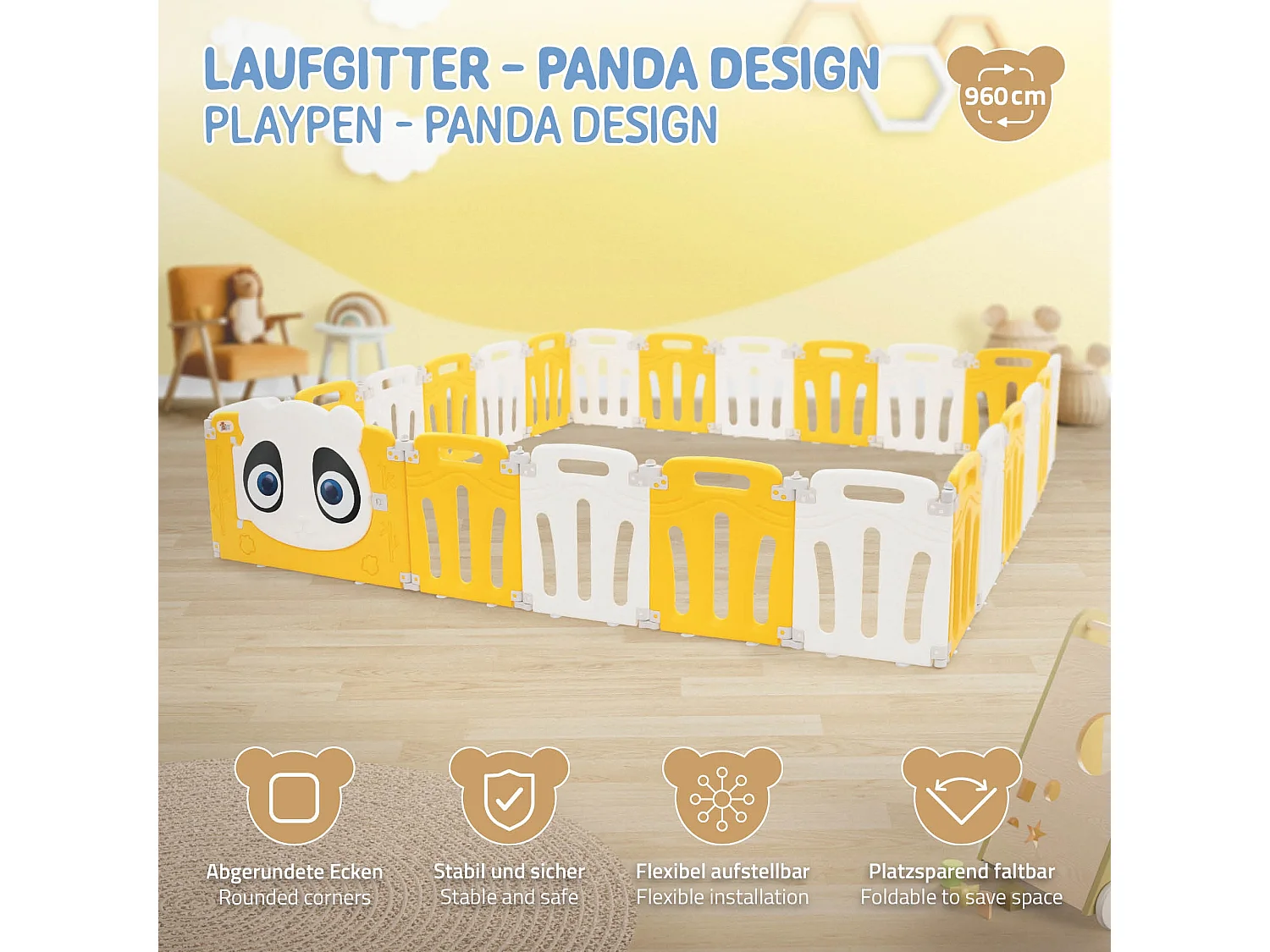 Parc bébé 960 cm 240x240 cm blanc-jeune avec 23 panneaux en plastique HDPE design Panda coins arrondis et surfaces lisses barrière extérieure sécurité