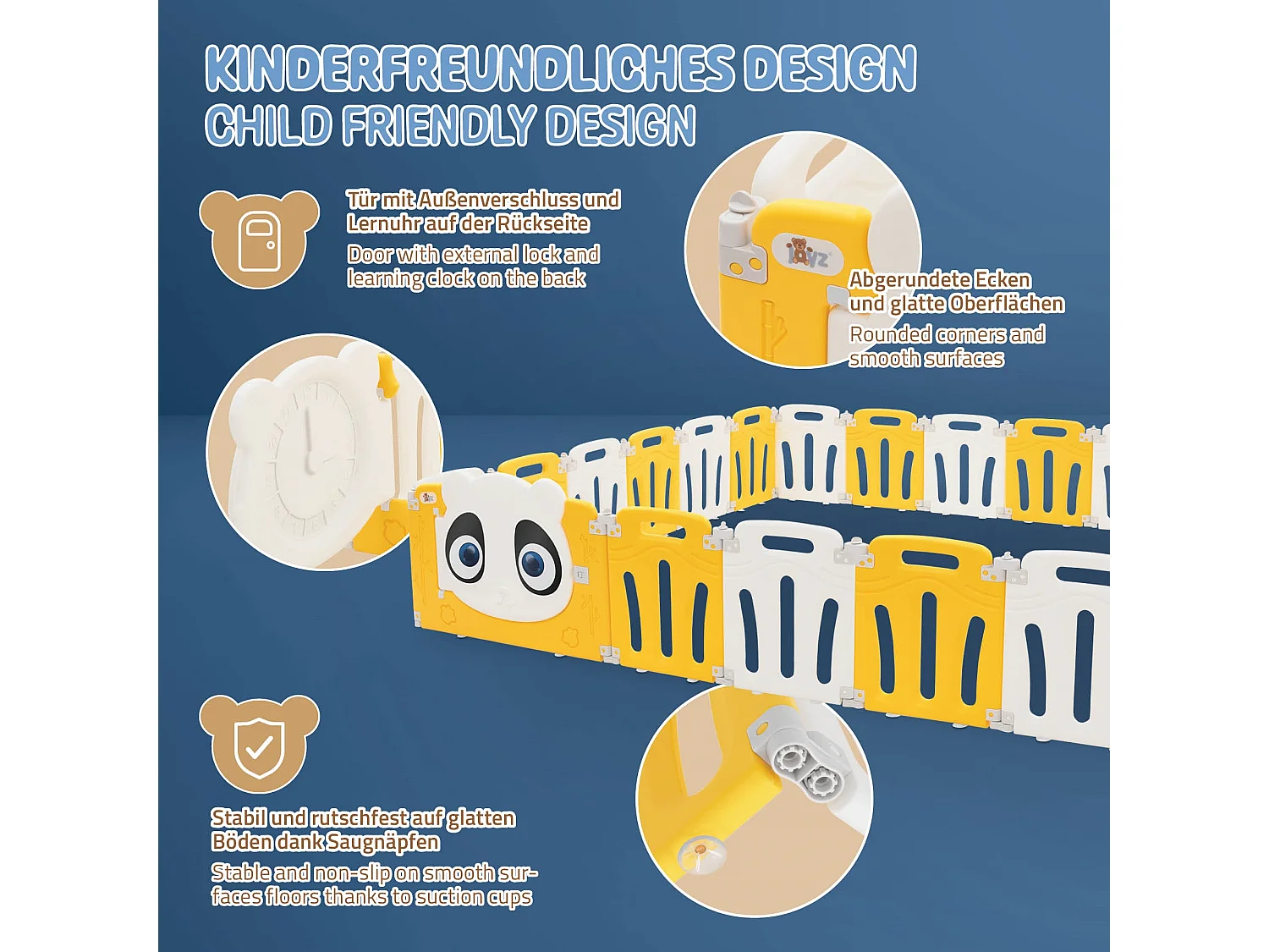 Parc bébé 960 cm 240x240 cm blanc-jeune avec 23 panneaux en plastique HDPE design Panda coins arrondis et surfaces lisses barrière extérieure sécurité