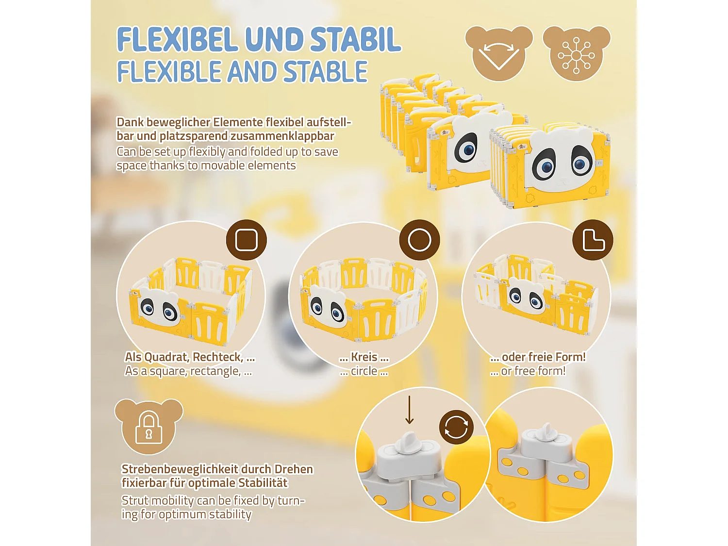 Parc bébé 960 cm 240x240 cm blanc-jeune avec 23 panneaux en plastique HDPE design Panda coins arrondis et surfaces lisses barrière extérieure sécurité