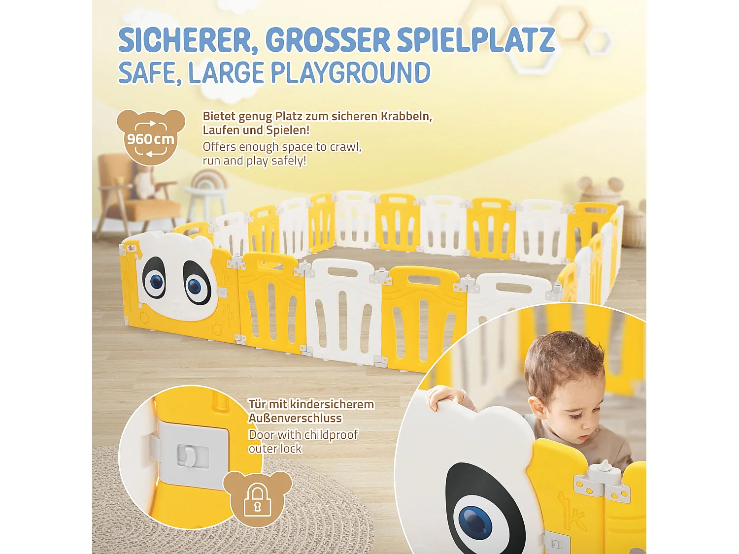 Parc bébé 960 cm 240x240 cm blanc-jeune avec 23 panneaux en plastique HDPE design Panda coins arrondis et surfaces lisses barrière extérieure sécurité