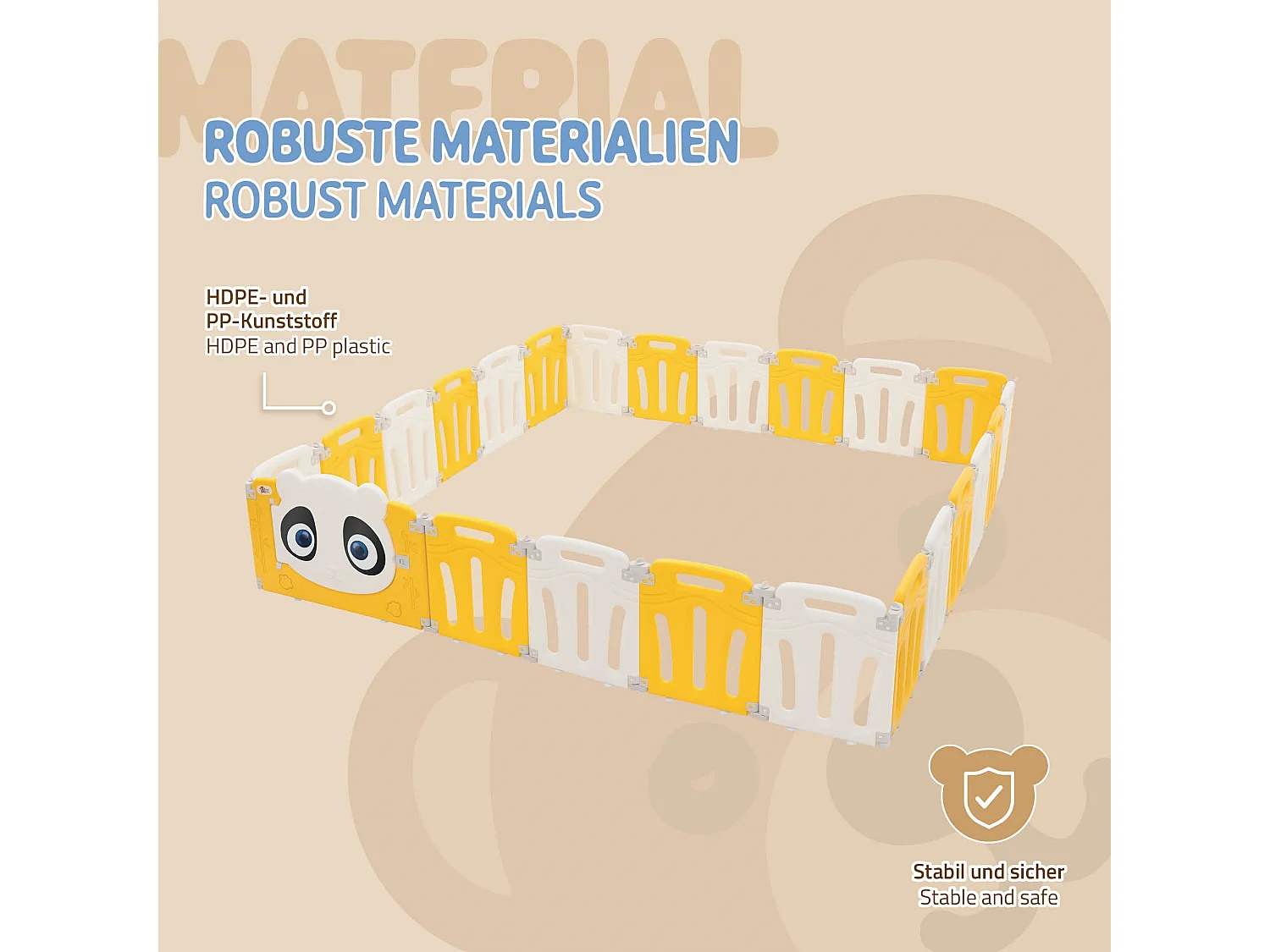 Parc bébé 960 cm 240x240 cm blanc-jeune avec 23 panneaux en plastique HDPE design Panda coins arrondis et surfaces lisses barrière extérieure sécurité