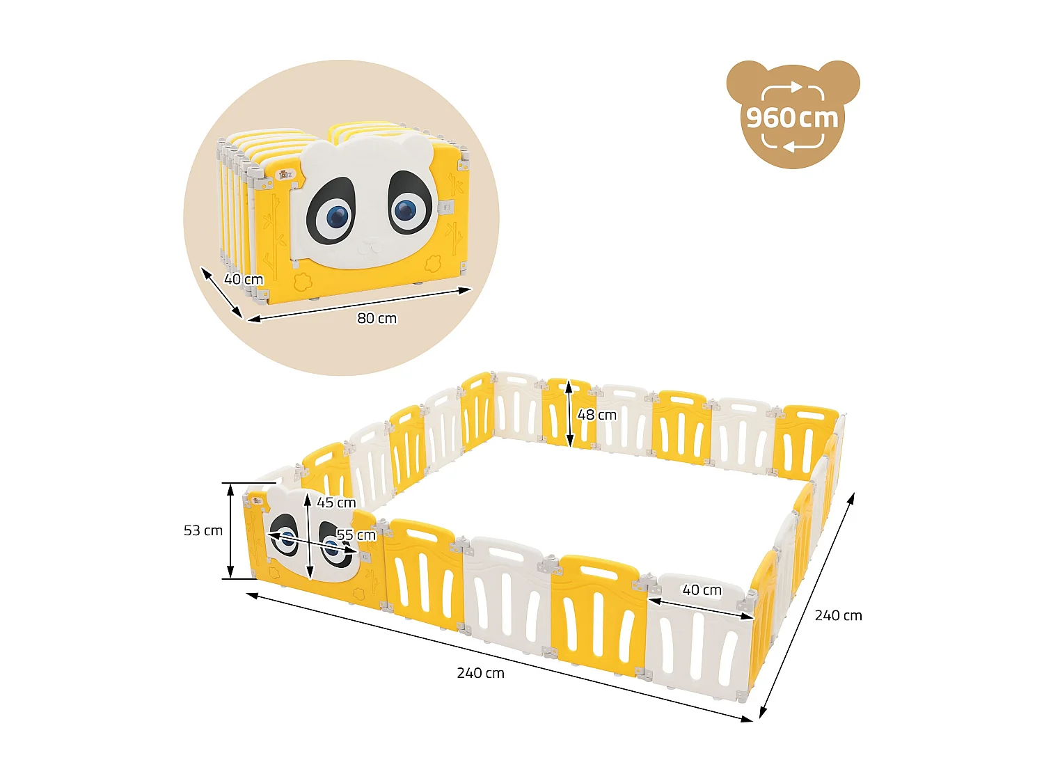 Parc bébé 960 cm 240x240 cm blanc-jeune avec 23 panneaux en plastique HDPE design Panda coins arrondis et surfaces lisses barrière extérieure sécurité