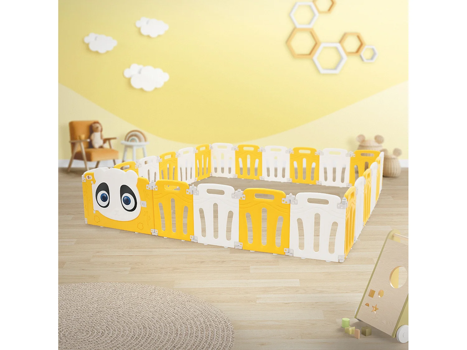 Parc bébé 960 cm 240x240 cm blanc-jeune avec 23 panneaux en plastique HDPE design Panda coins arrondis et surfaces lisses barrière extérieure sécurité