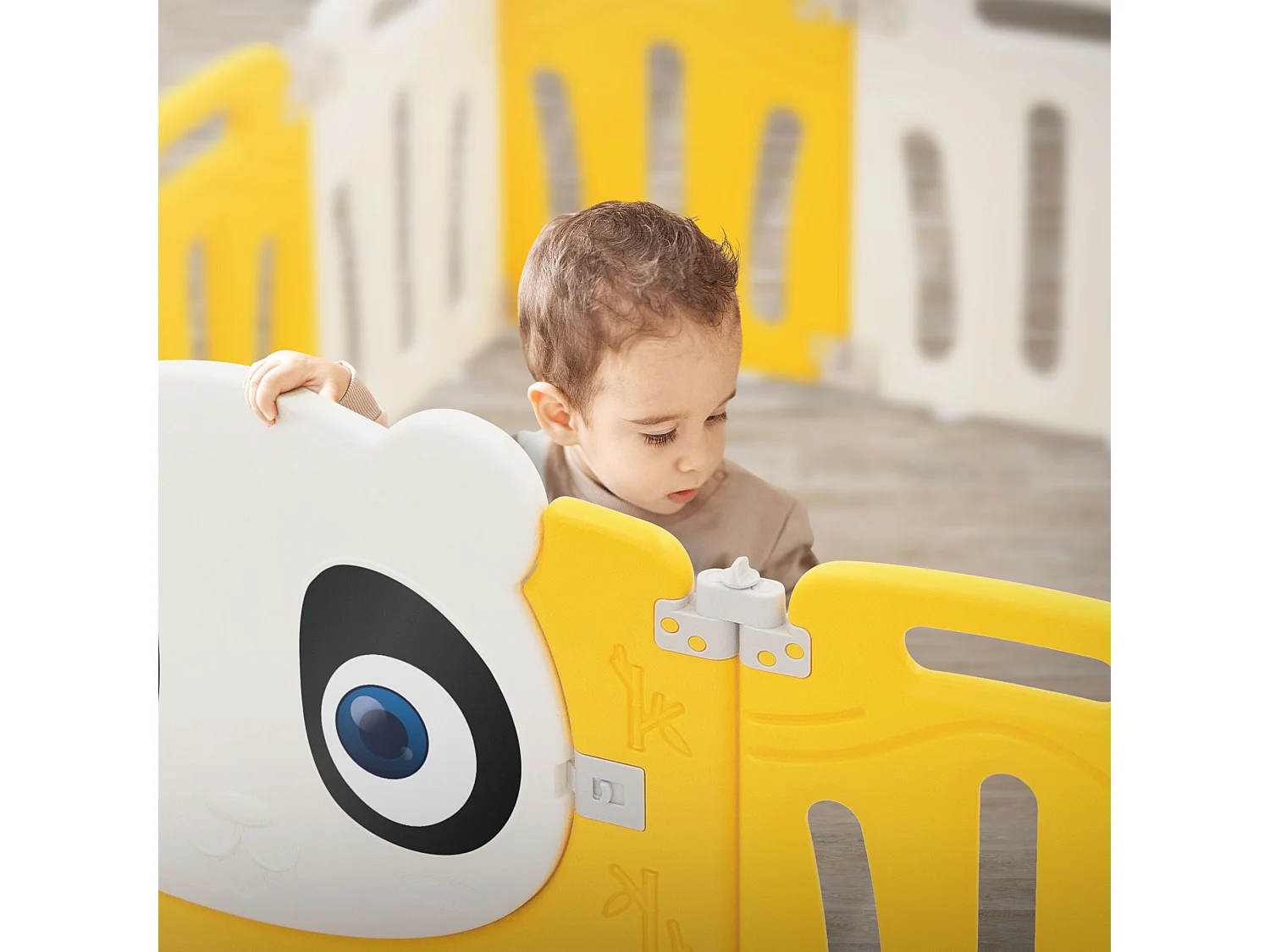 Parc bébé 960 cm 240x240 cm blanc-jeune avec 23 panneaux en plastique HDPE design Panda coins arrondis et surfaces lisses barrière extérieure sécurité