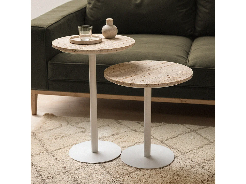 Rito - Table d'appoint en métal et travertin ø40cm - Beige