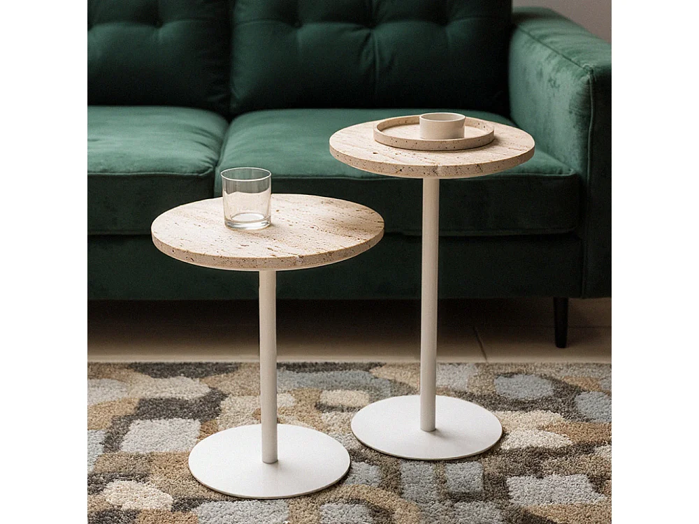 Rito - Table d'appoint en métal et travertin ø40cm - Beige