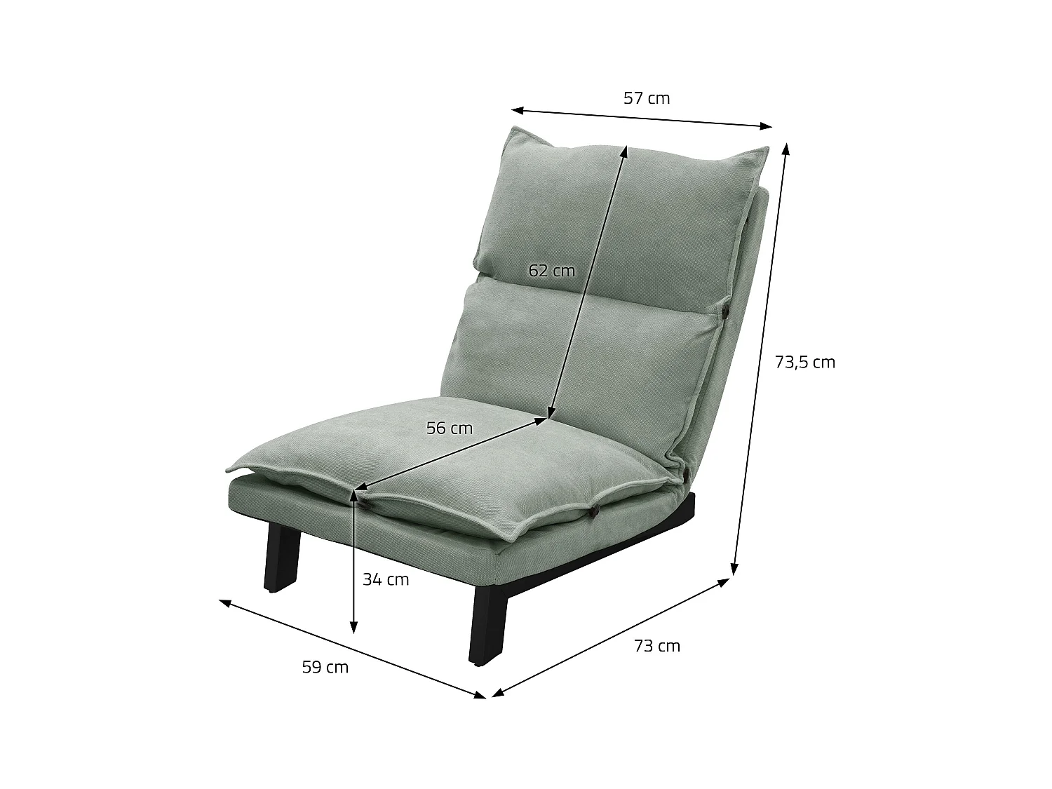 Fauteuil de relaxation de sol gris-vert revêtement en lin rembourrage doux en polyester et structure robuste en acier dossier inclinable 5 positions