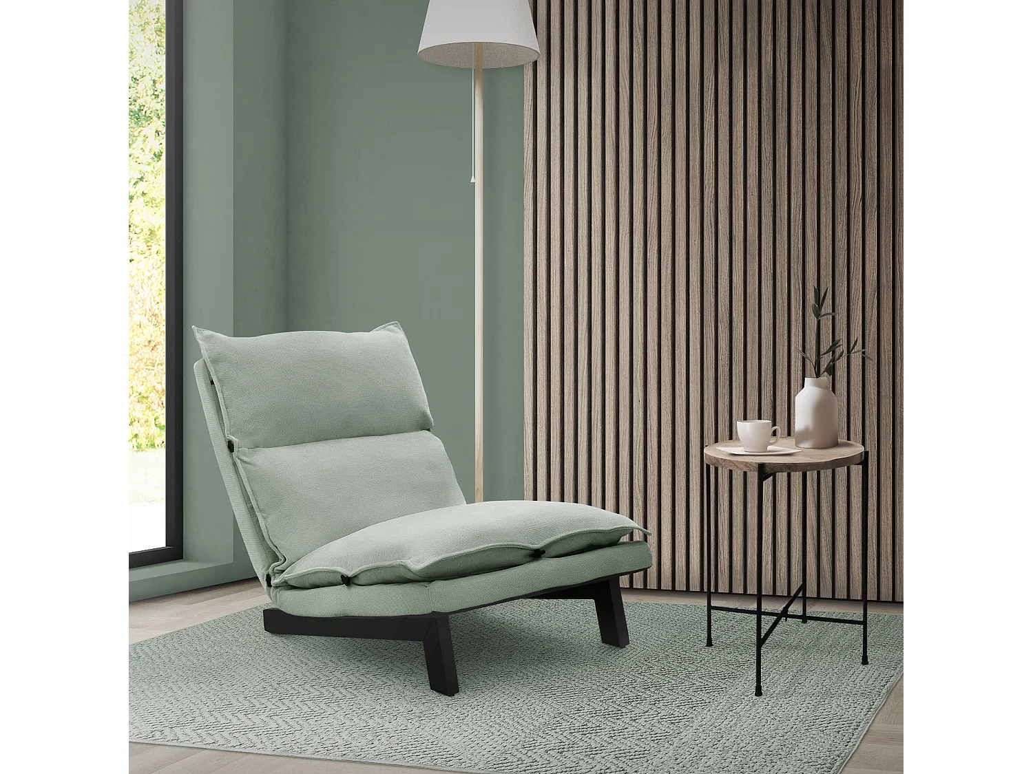 Fauteuil de relaxation de sol gris-vert revêtement en lin rembourrage doux en polyester et structure robuste en acier dossier inclinable 5 positions