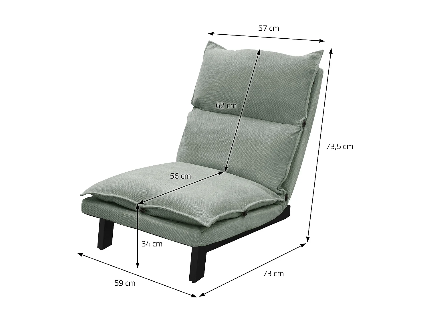 Fauteuil de relaxation de sol gris-vert revêtement en lin rembourrage doux en polyester et structure robuste en acier dossier inclinable 5 positions