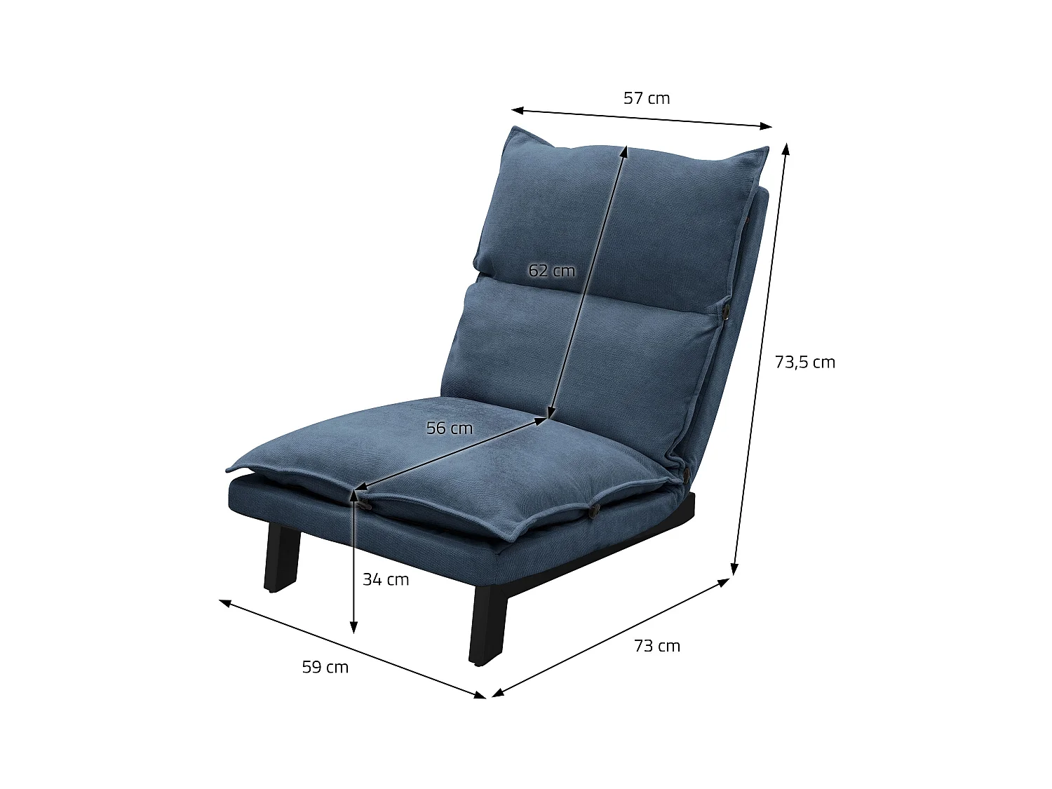 Fauteuil de relaxation de sol bleu revêtement en lin rembourrage doux en polyester et structure robuste en acier dossier inclinable en 5 positions