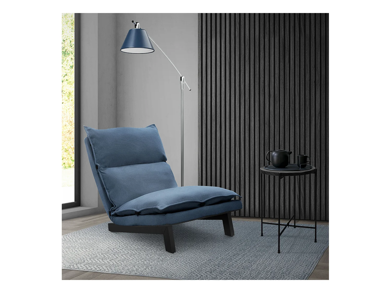 Fauteuil de relaxation de sol bleu revêtement en lin rembourrage doux en polyester et structure robuste en acier dossier inclinable en 5 positions