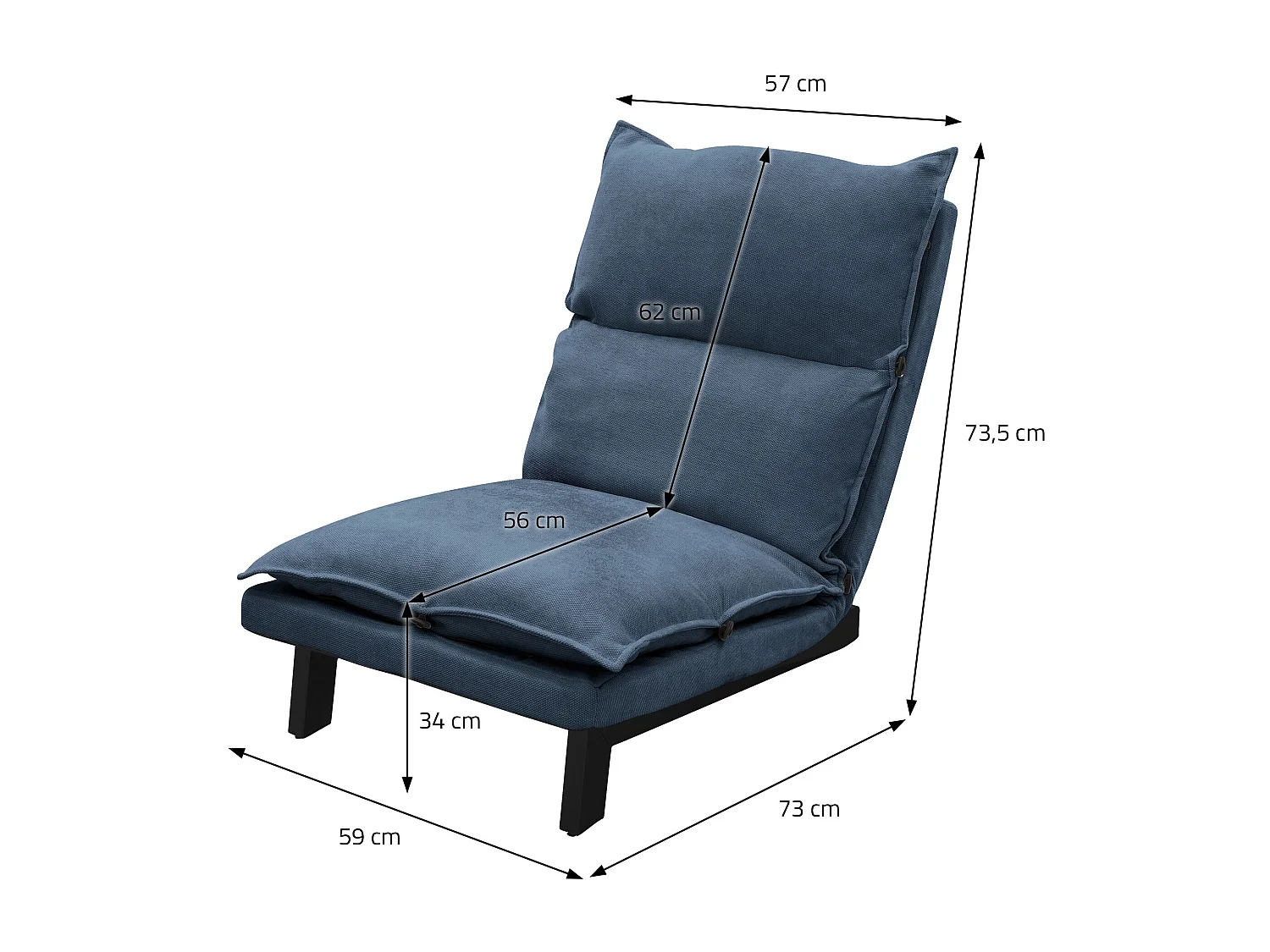 Fauteuil de relaxation de sol bleu revêtement en lin rembourrage doux en polyester et structure robuste en acier dossier inclinable en 5 positions