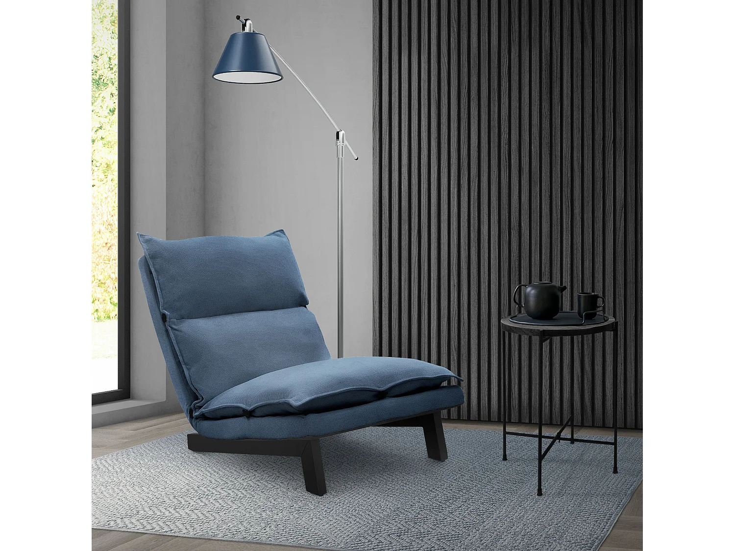 Fauteuil de relaxation de sol bleu revêtement en lin rembourrage doux en polyester et structure robuste en acier dossier inclinable en 5 positions