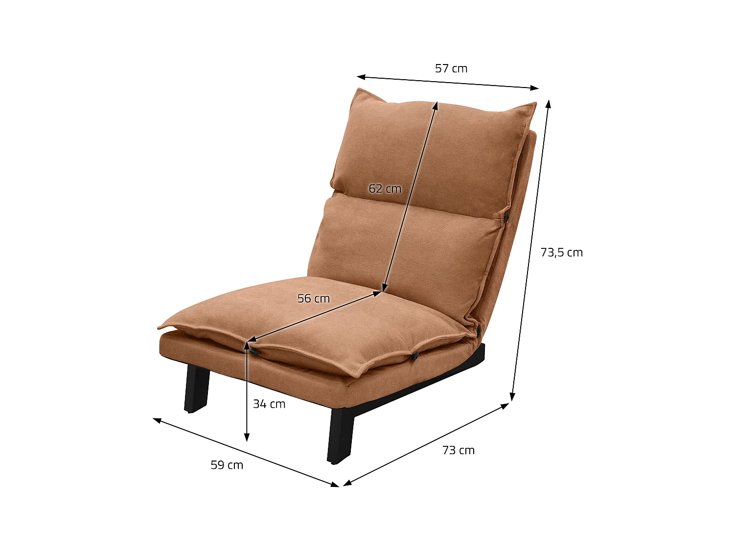Fauteuil de relaxation de sol marron revêtement en lin rembourrage doux en polyester et structure robuste en acier dossier inclinable en 5 positions