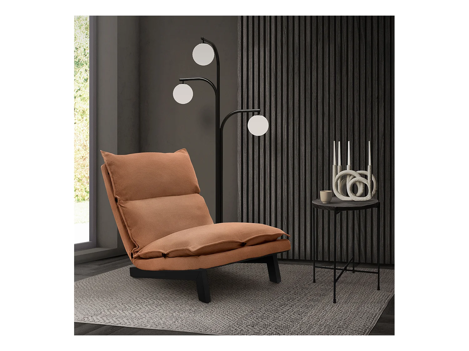 Fauteuil de relaxation de sol marron revêtement en lin rembourrage doux en polyester et structure robuste en acier dossier inclinable en 5 positions