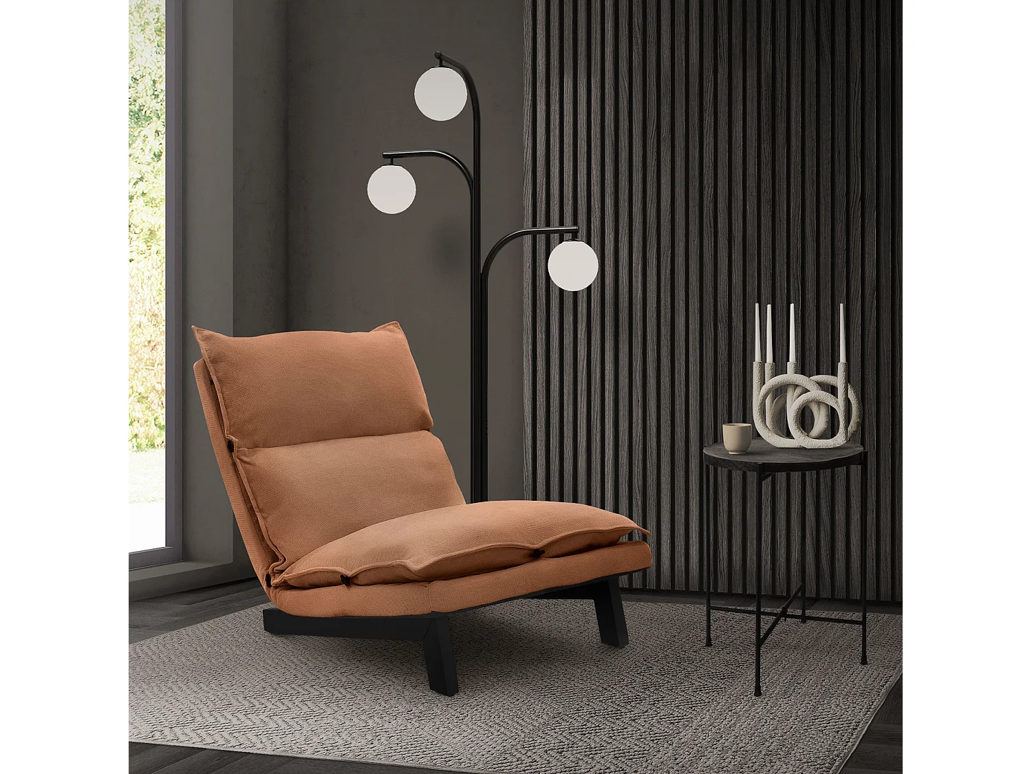 Fauteuil de relaxation de sol marron revêtement en lin rembourrage doux en polyester et structure robuste en acier dossier inclinable en 5 positions