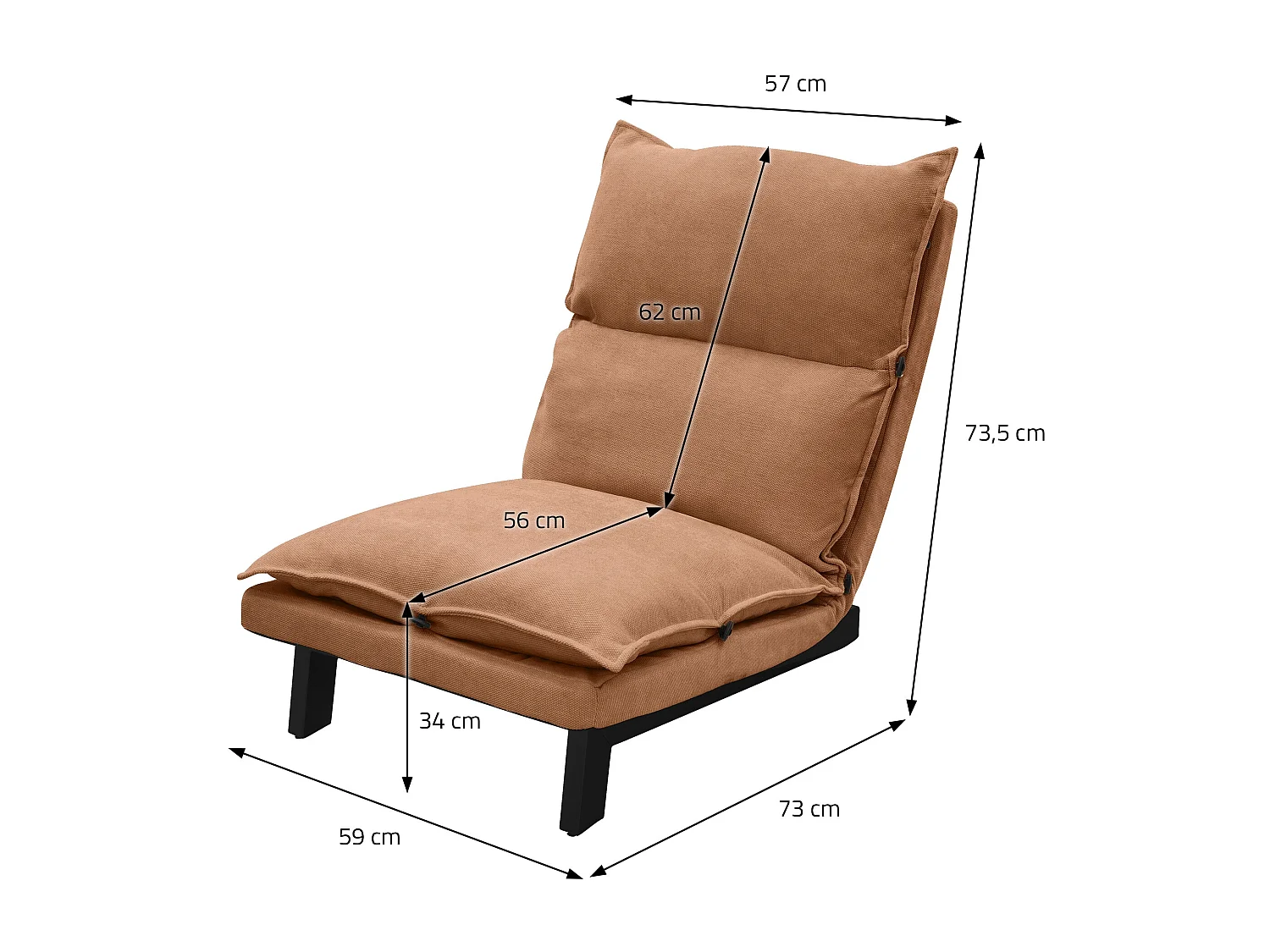 Fauteuil de relaxation de sol marron revêtement en lin rembourrage doux en polyester et structure robuste en acier dossier inclinable en 5 positions