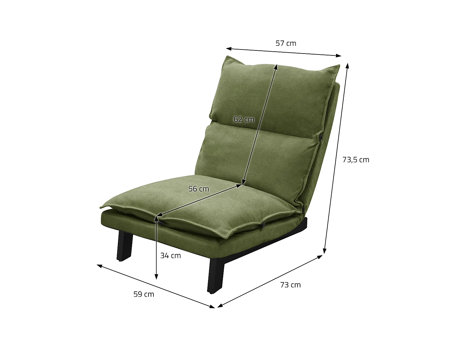 Fauteuil de relaxation de sol vert revêtement en lin rembourrage doux en polyester et structure robuste en acier dossier inclinable en 5 positions