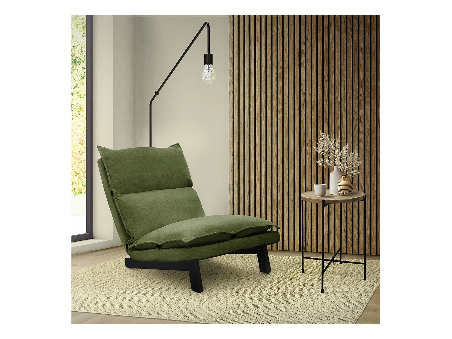Fauteuil de relaxation de sol vert revêtement en lin rembourrage doux en polyester et structure robuste en acier dossier inclinable en 5 positions