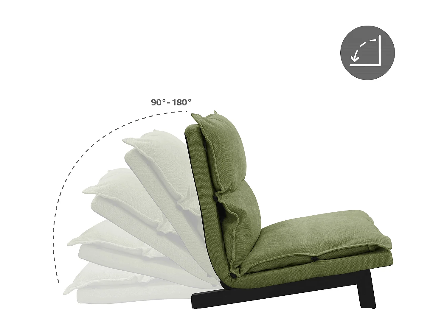 Fauteuil de relaxation de sol vert revêtement en lin rembourrage doux en polyester et structure robuste en acier dossier inclinable en 5 positions