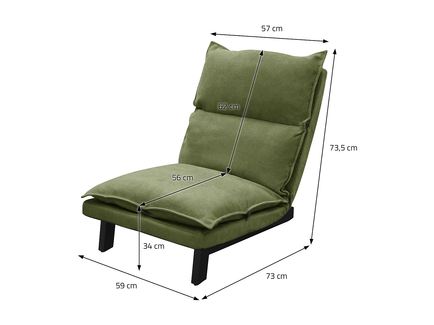 Fauteuil de relaxation de sol vert revêtement en lin rembourrage doux en polyester et structure robuste en acier dossier inclinable en 5 positions