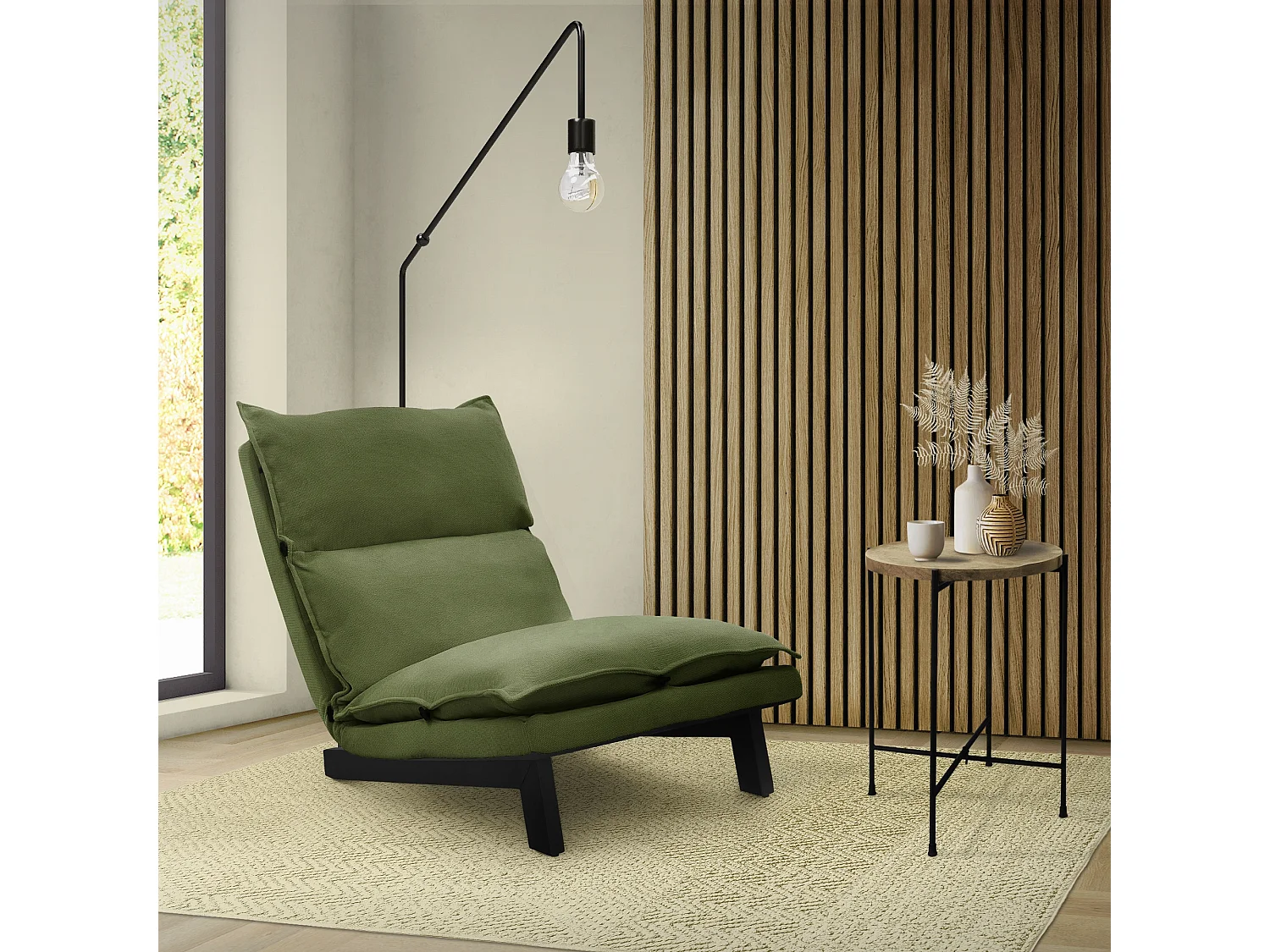 Fauteuil de relaxation de sol vert revêtement en lin rembourrage doux en polyester et structure robuste en acier dossier inclinable en 5 positions