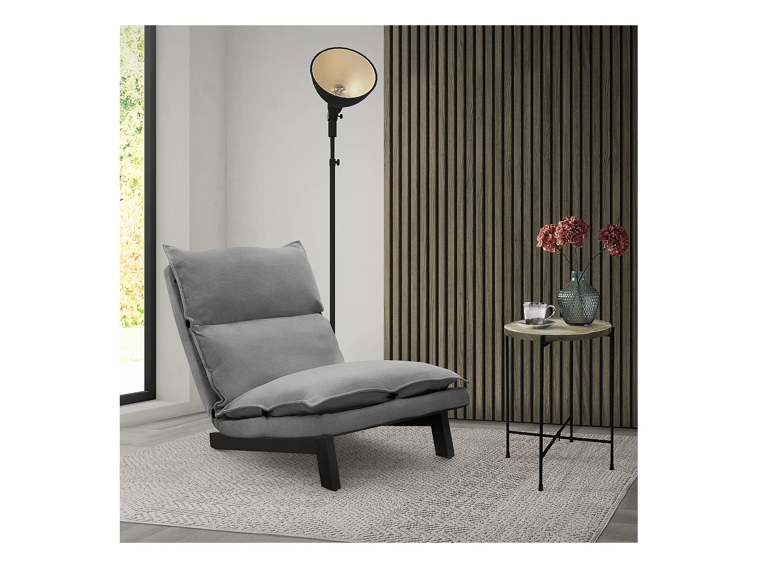 Fauteuil de relaxation de sol gris revêtement en lin rembourrage doux en polyester et structure robuste en acier dossier inclinable en 5 positions