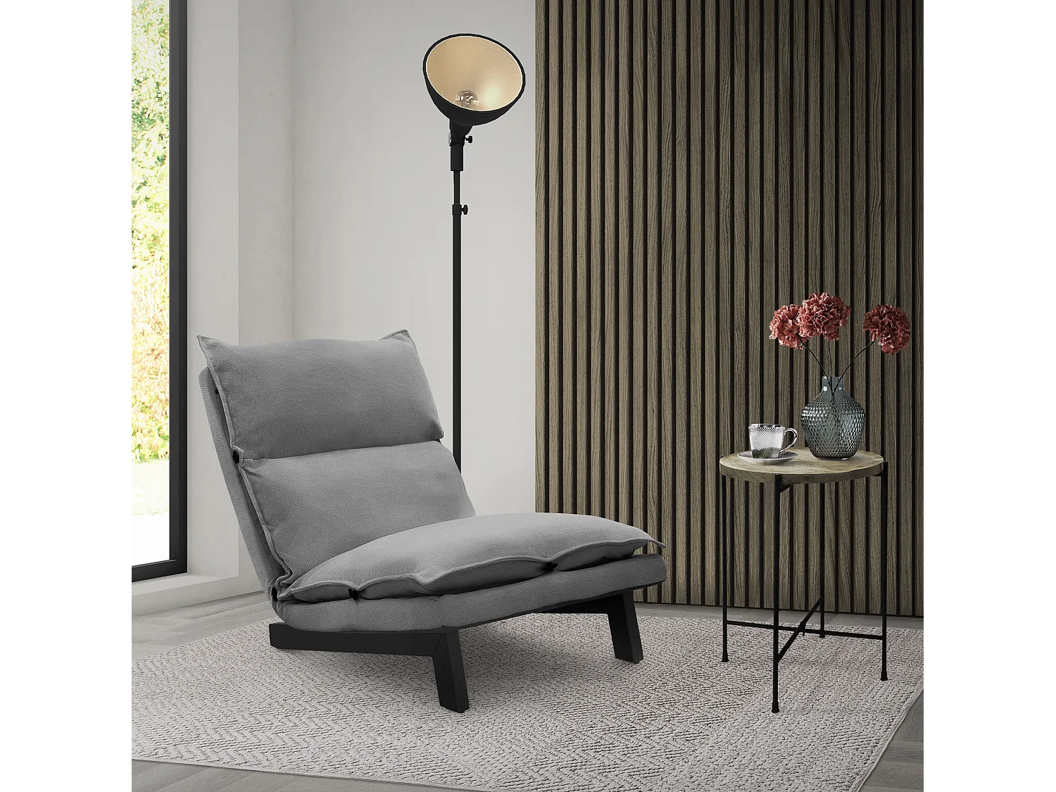 Fauteuil de relaxation de sol gris revêtement en lin rembourrage doux en polyester et structure robuste en acier dossier inclinable en 5 positions