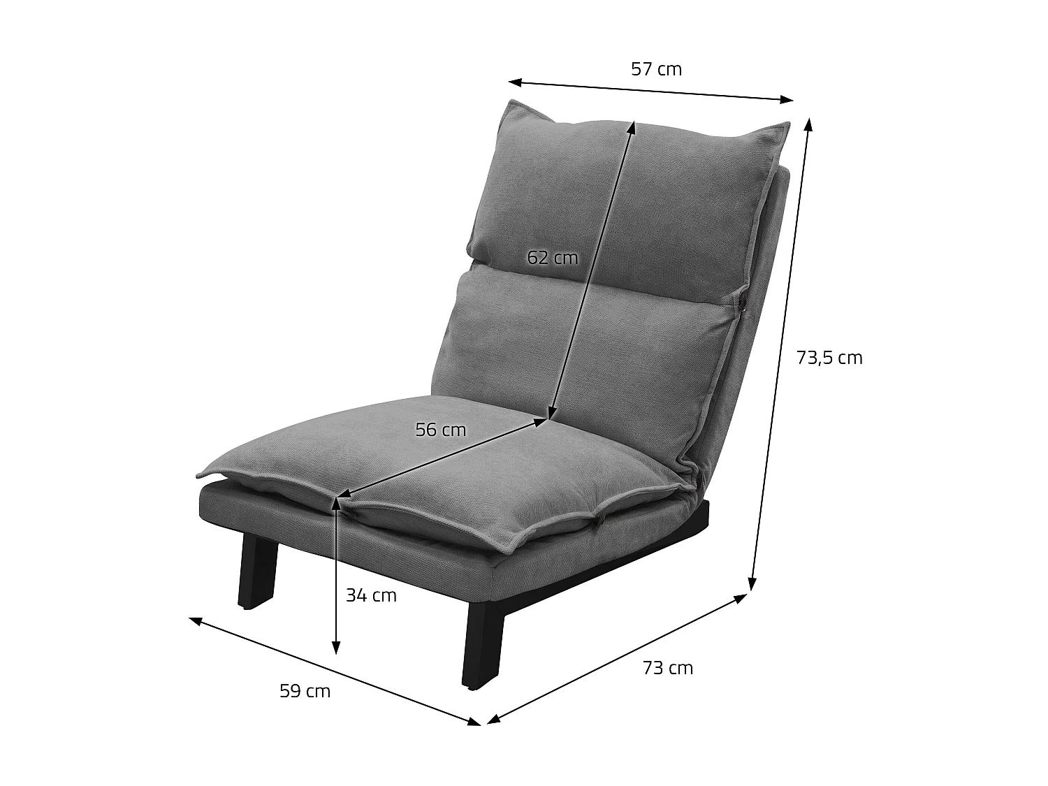 Fauteuil de relaxation de sol gris revêtement en lin rembourrage doux en polyester et structure robuste en acier dossier inclinable en 5 positions
