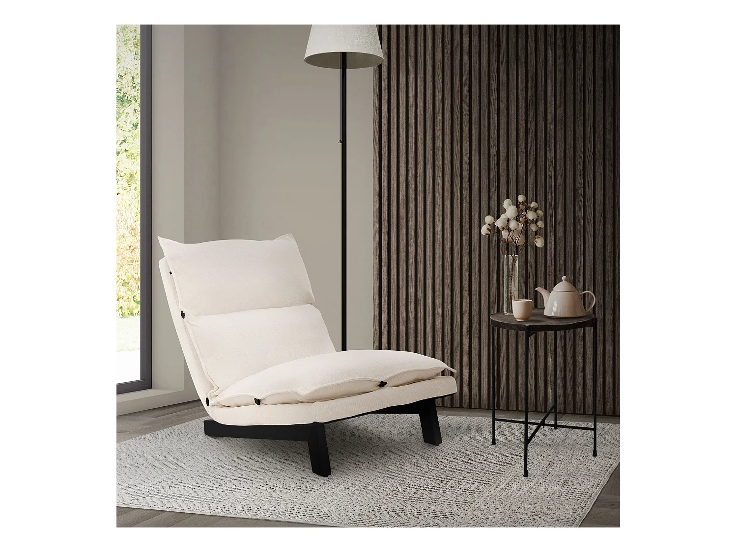 Fauteuil de relaxation de sol beige revêtement en lin rembourrage doux en polyester et structure robuste en acier dossier inclinable en 5 positions